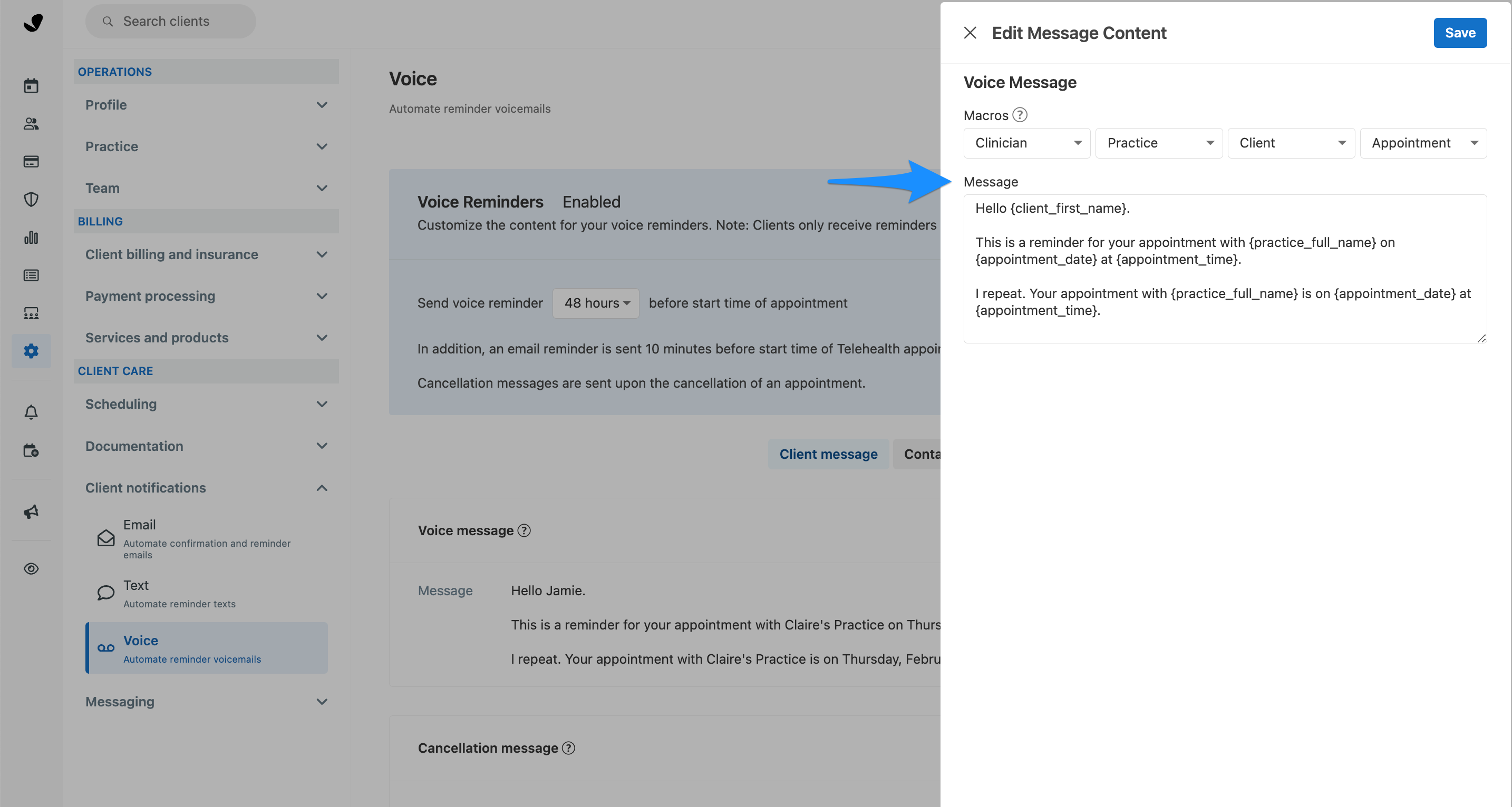 Custom message field for voice reminders