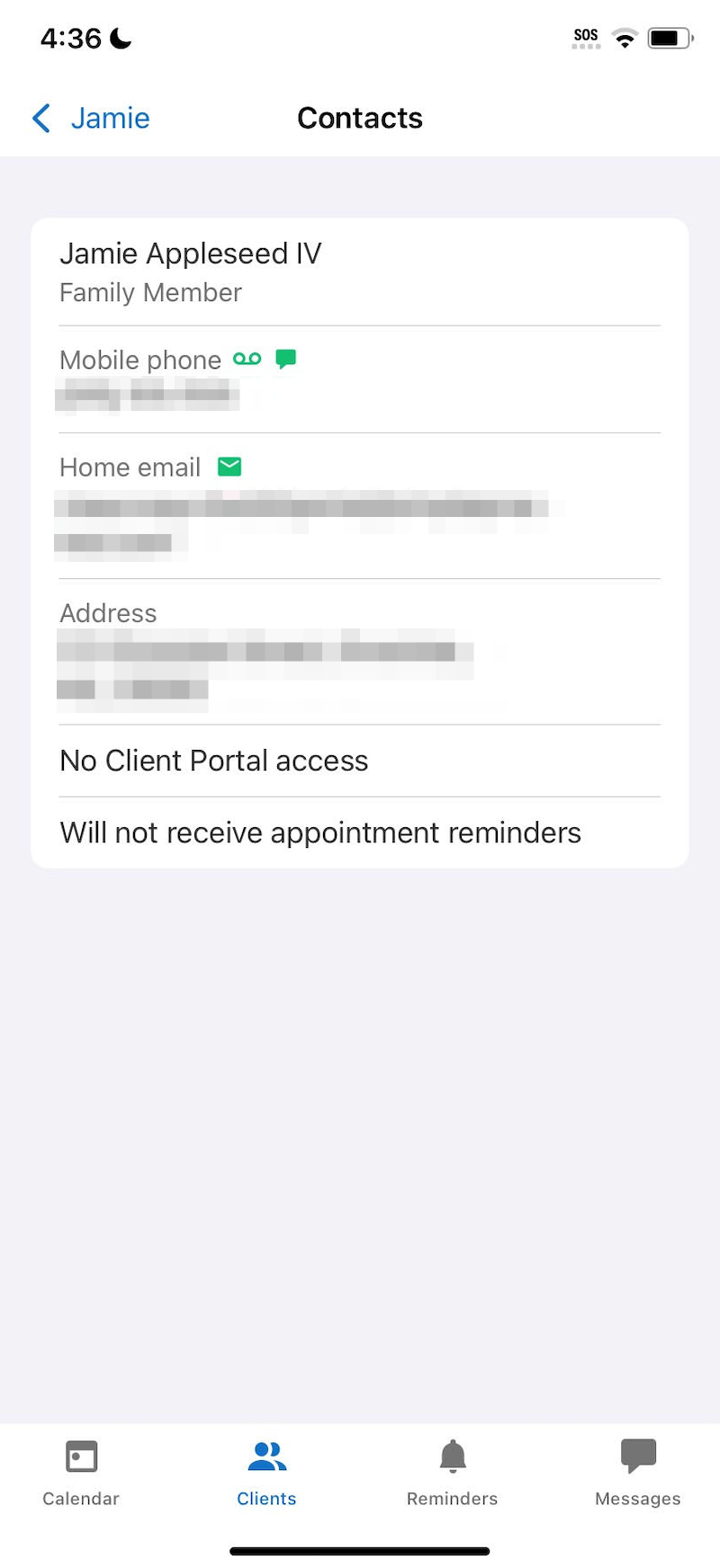 Client Contacts list on the SimplePractice mobile app