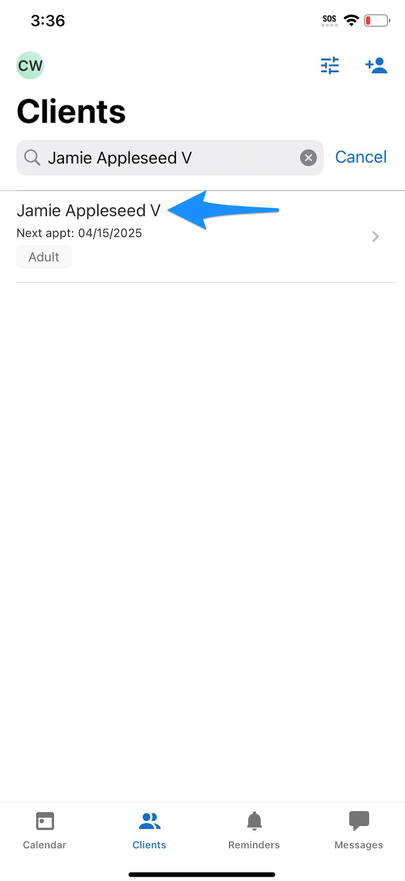 Clients list on the SimplePractice mobile app with a client selected