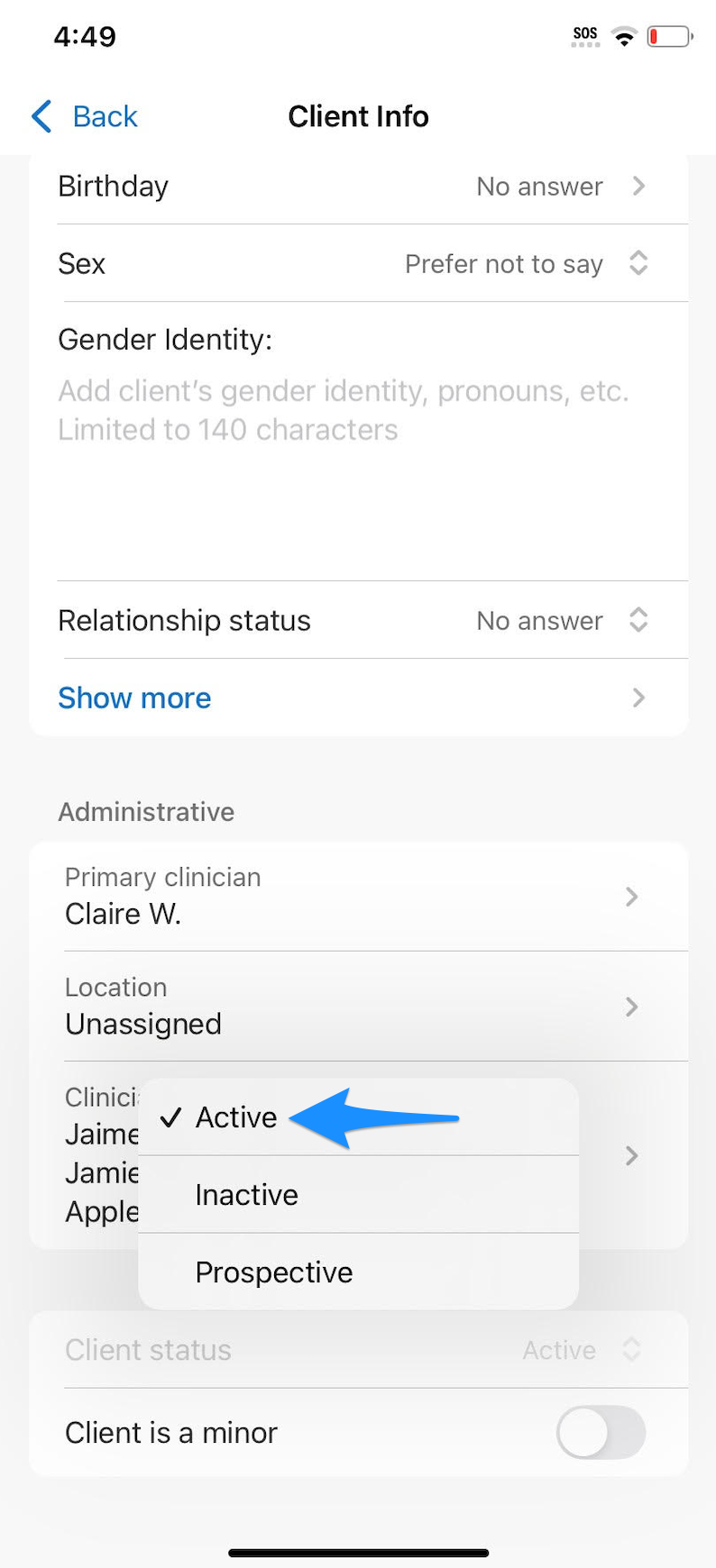 Client status dropdown on the Client info page