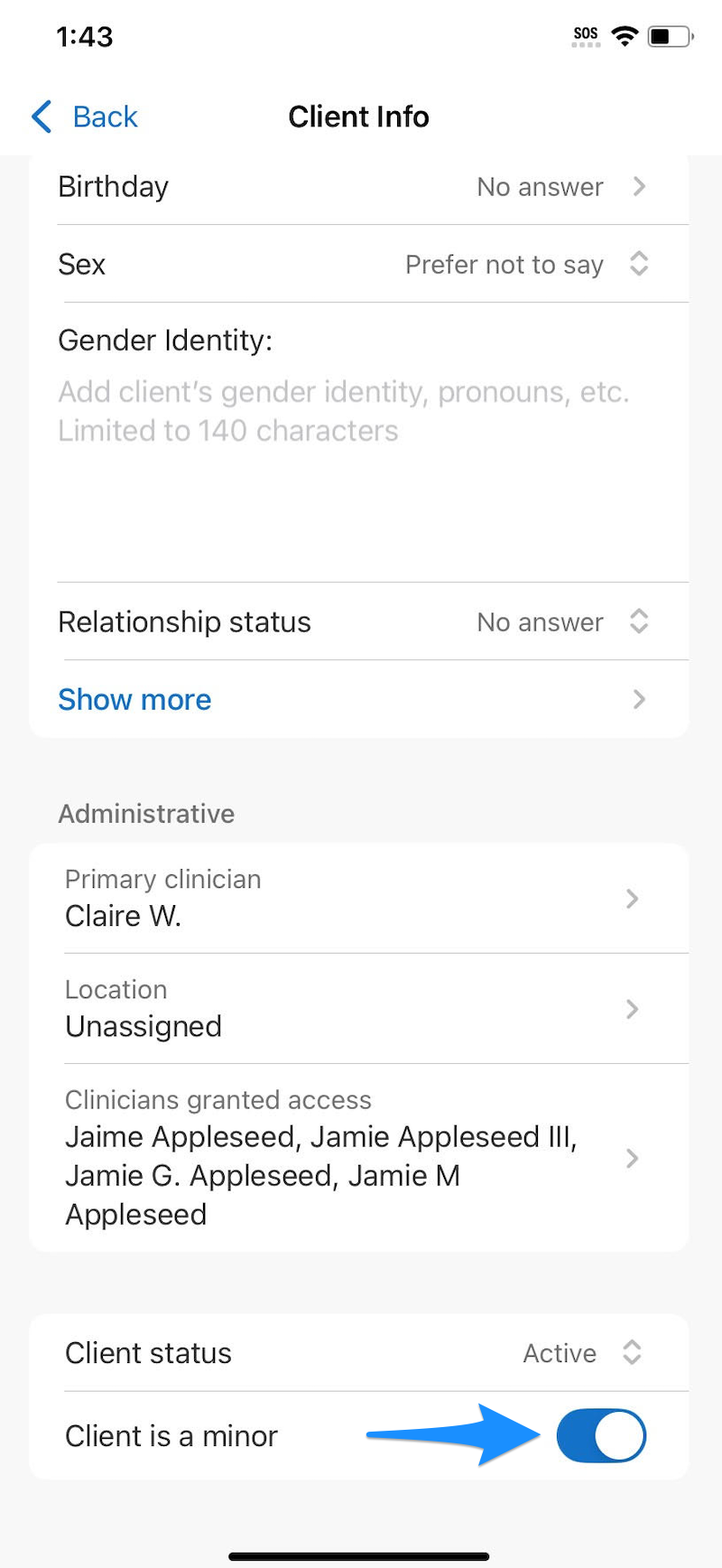 Client is a minor toggle on the Client info page