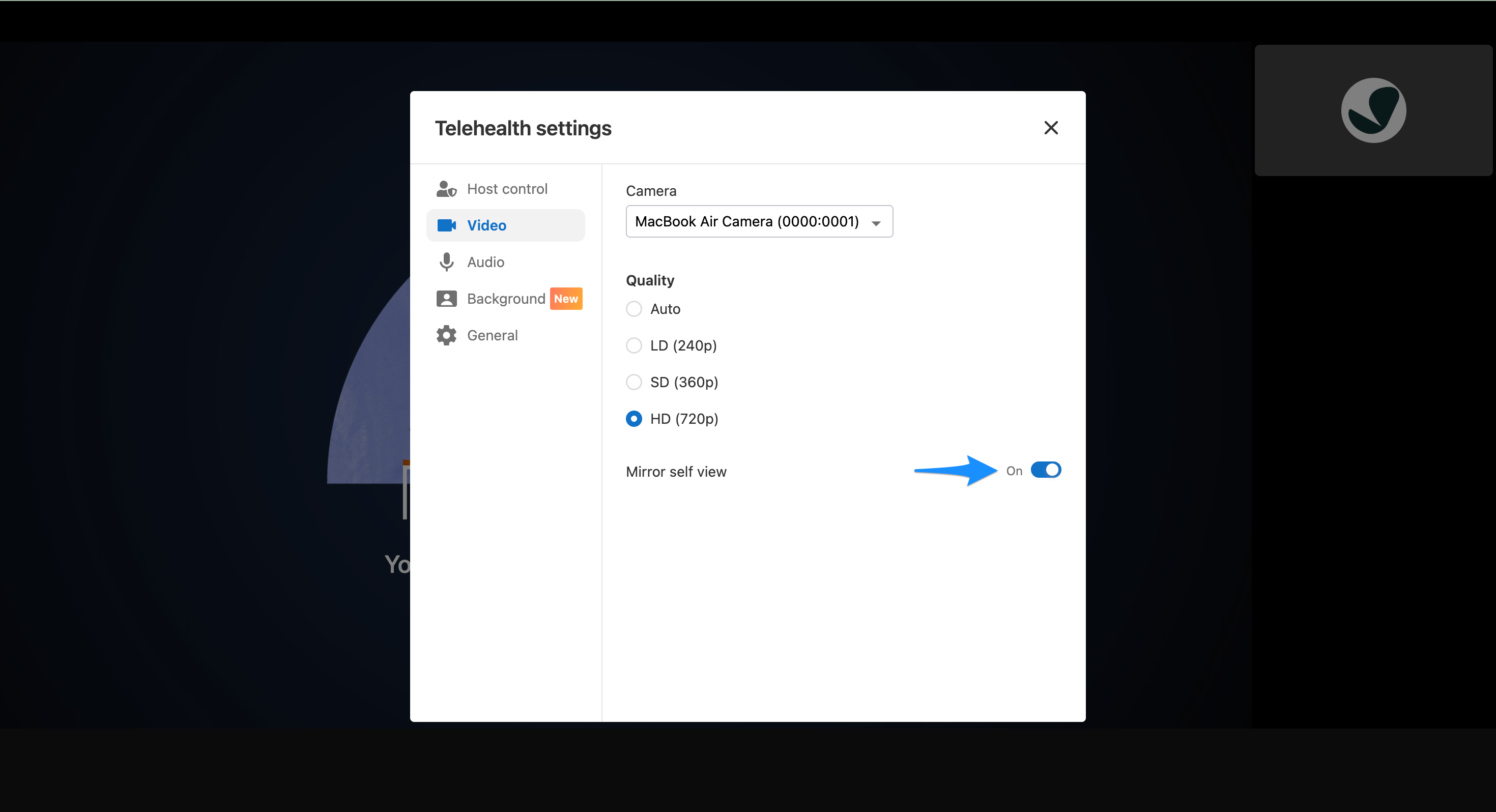 Mirror self view toggle in video settings