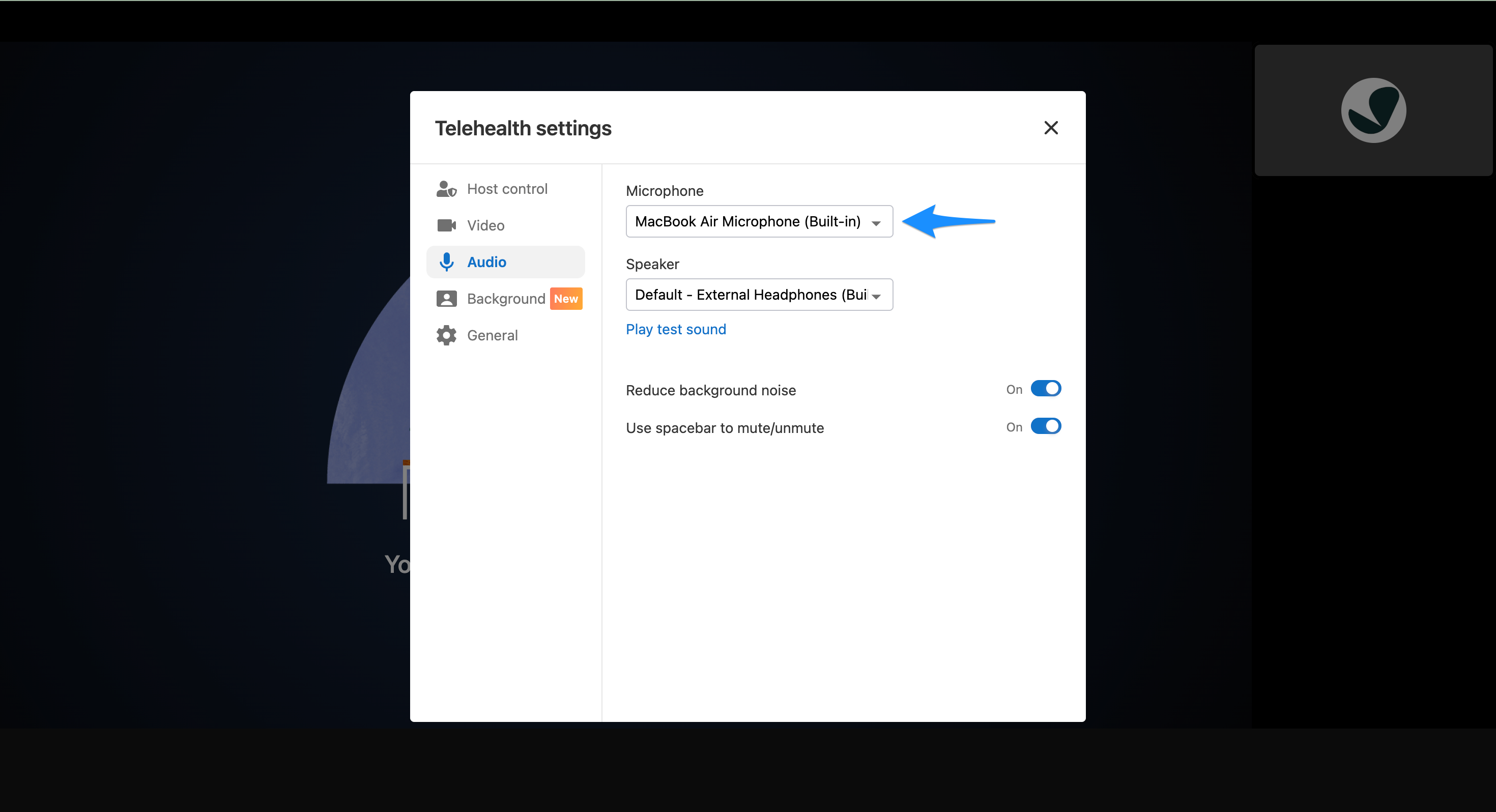 Audio settings showing microphone and speaker selection dropdown menus
