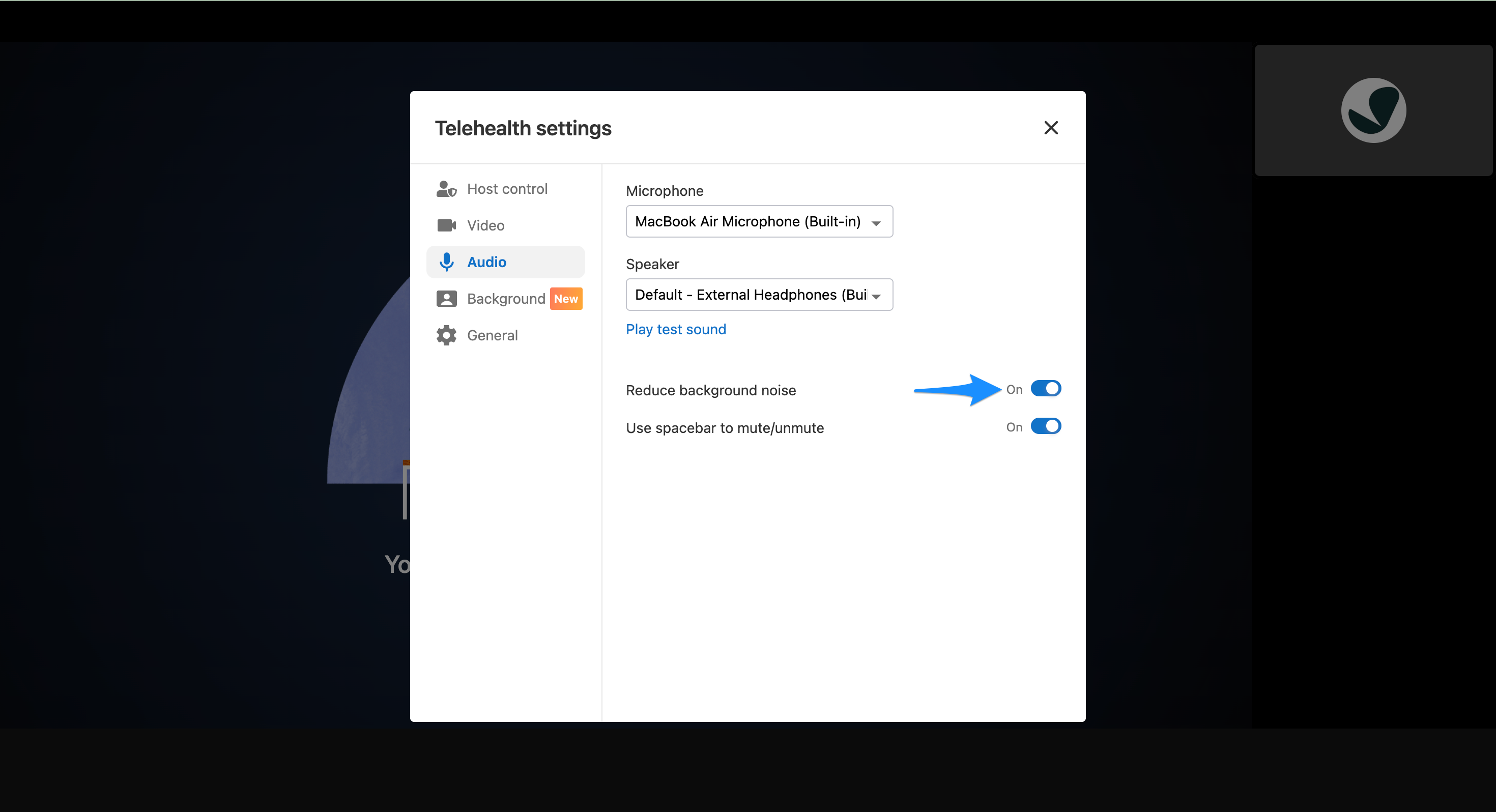 Reduce background noise toggle in audio settings