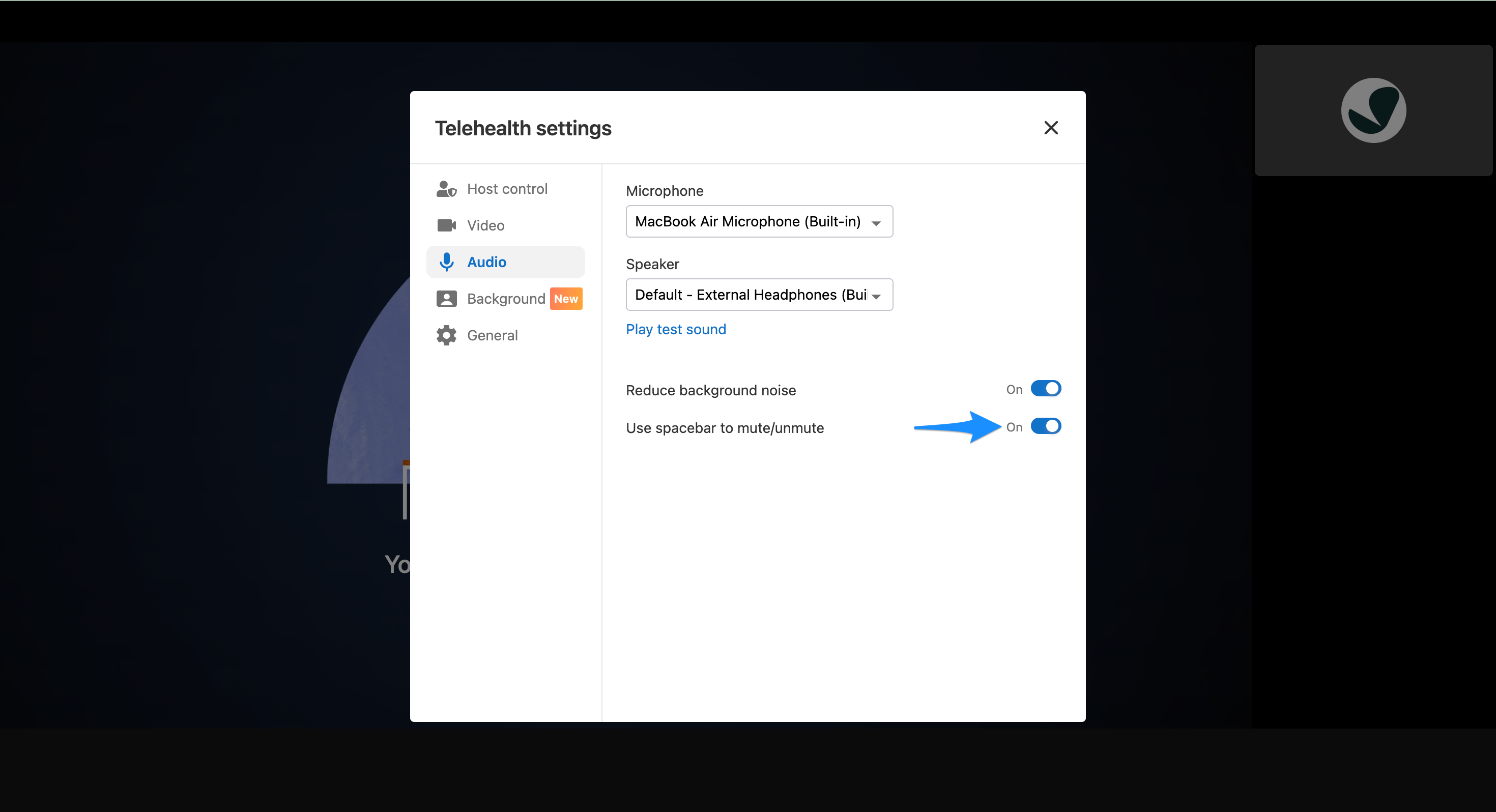Use spacebar to mute or unmute toggle in audio settings