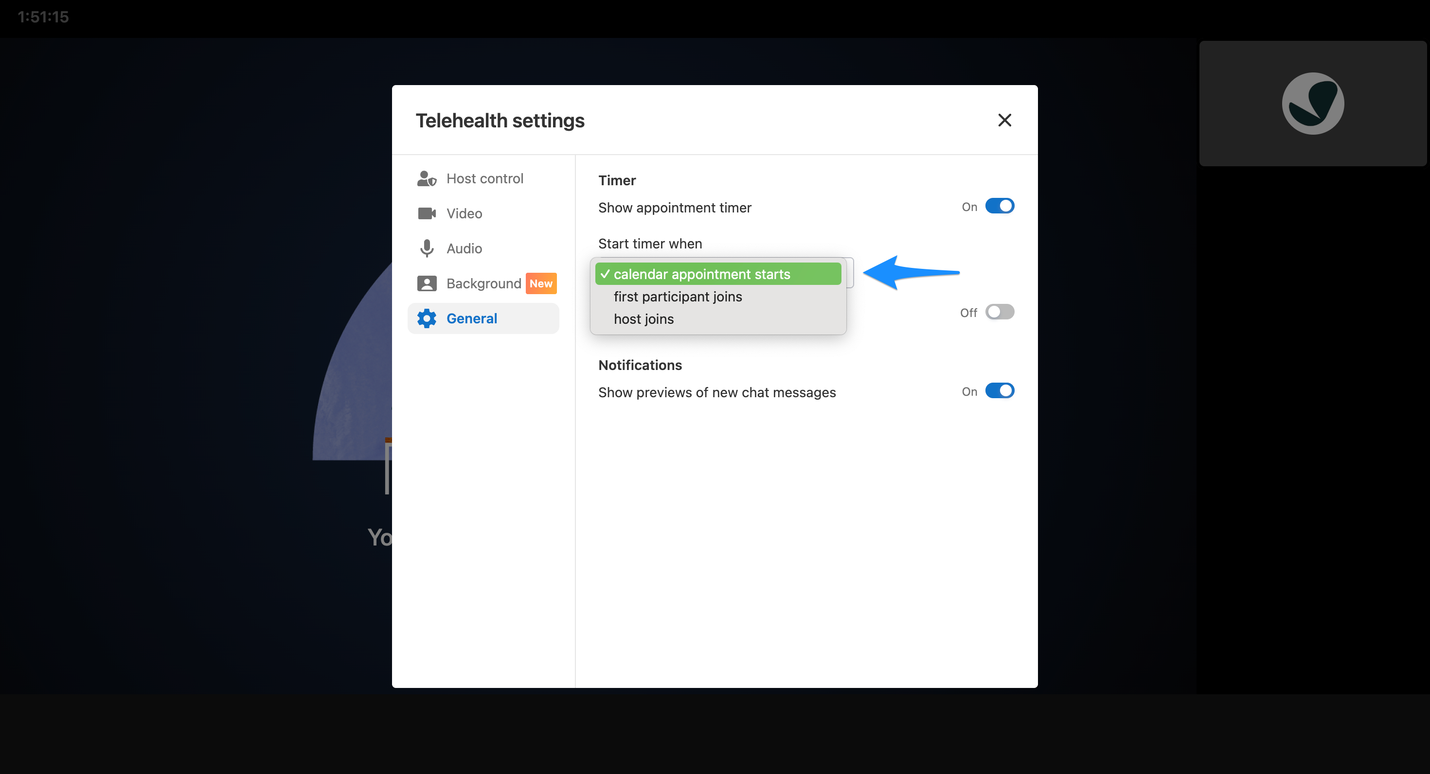 Dropdown menu for selecting when the appointment timer starts