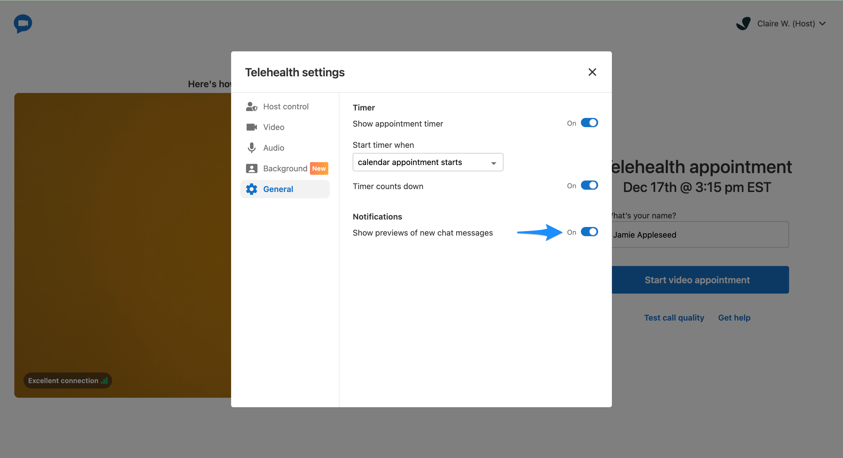 Toggle for showing previews of new chat messages during telehealth sessions