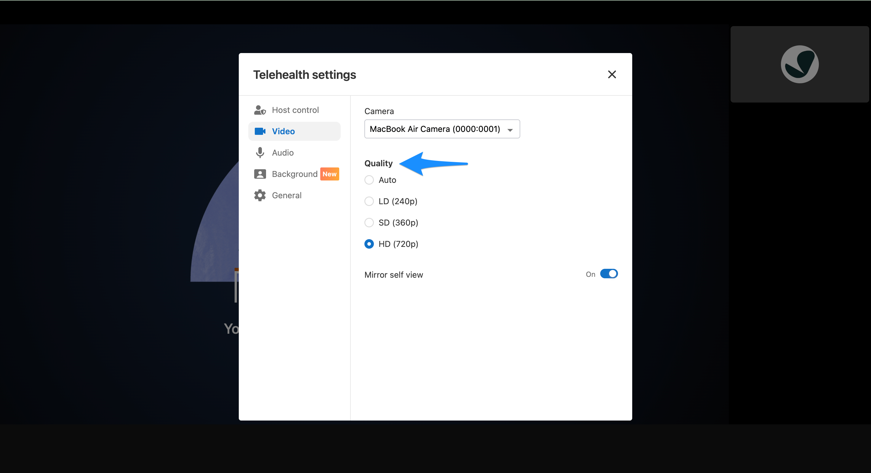 Video quality settings showing Auto, LD, SD, and HD options
