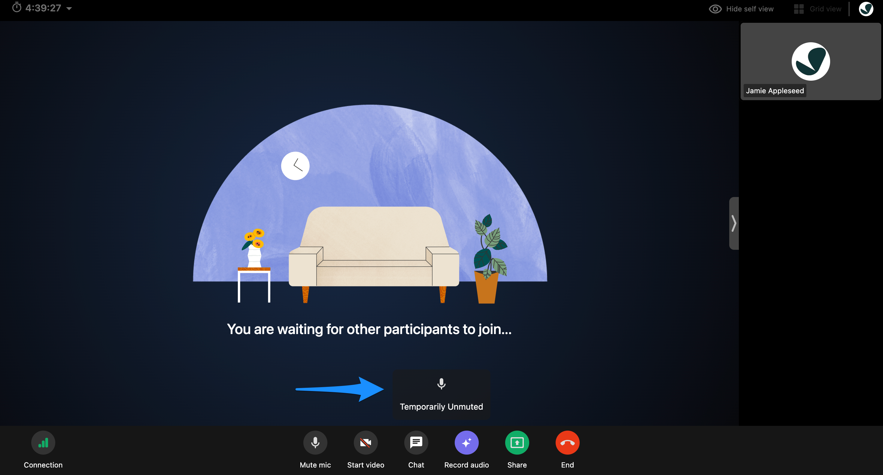 Visual indicator showing temporary mute or unmute status during a telehealth session