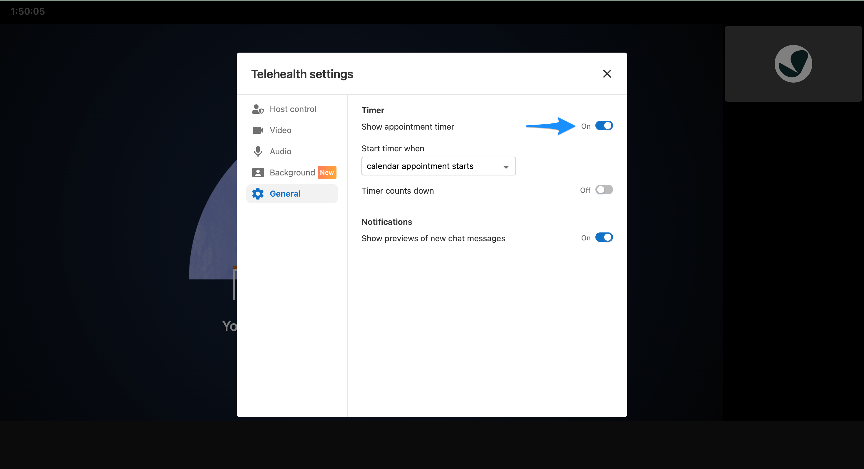 Show appointment timer toggle in general telehealth settings