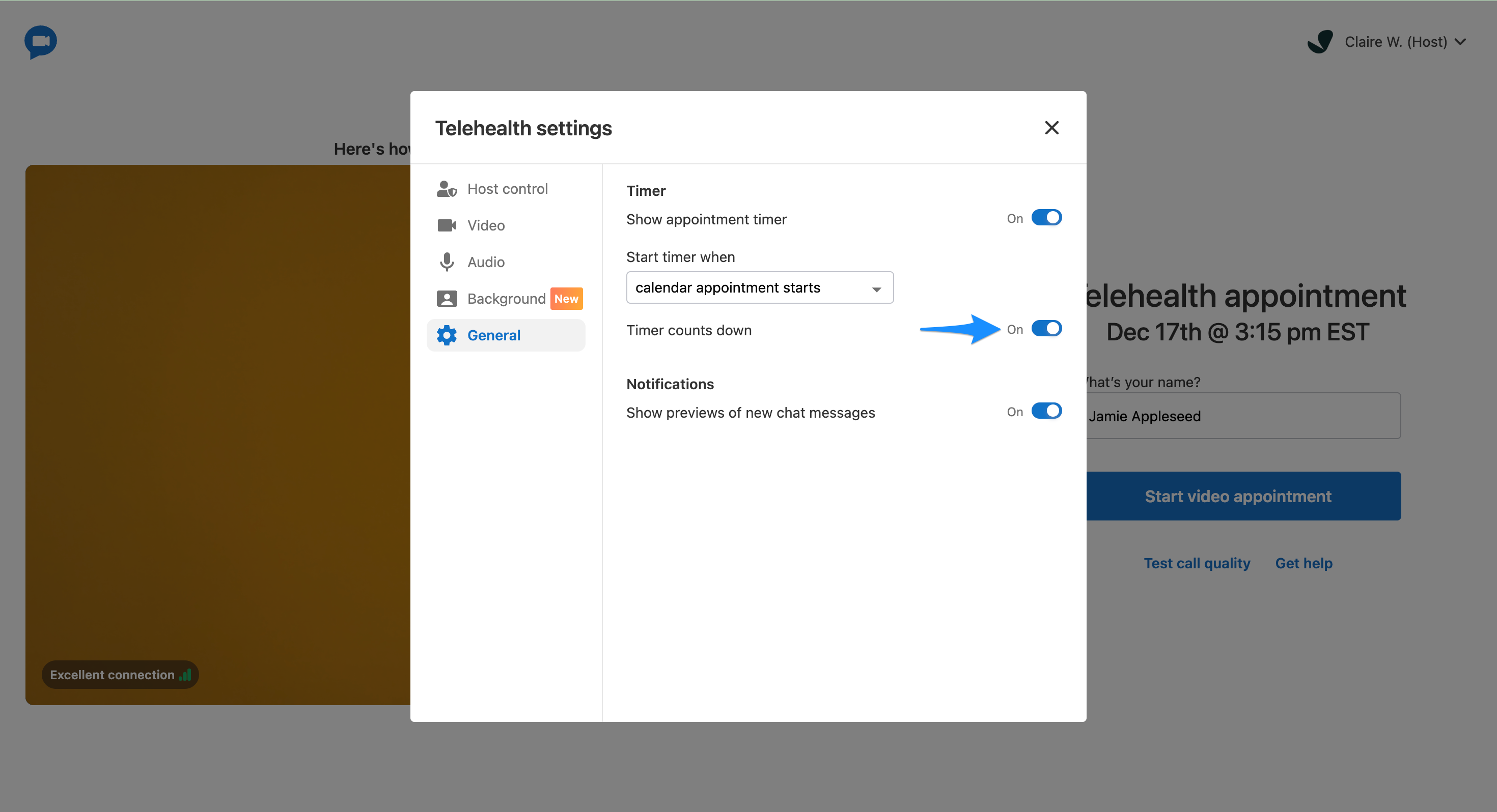 Timer counts down toggle option in general telehealth settings