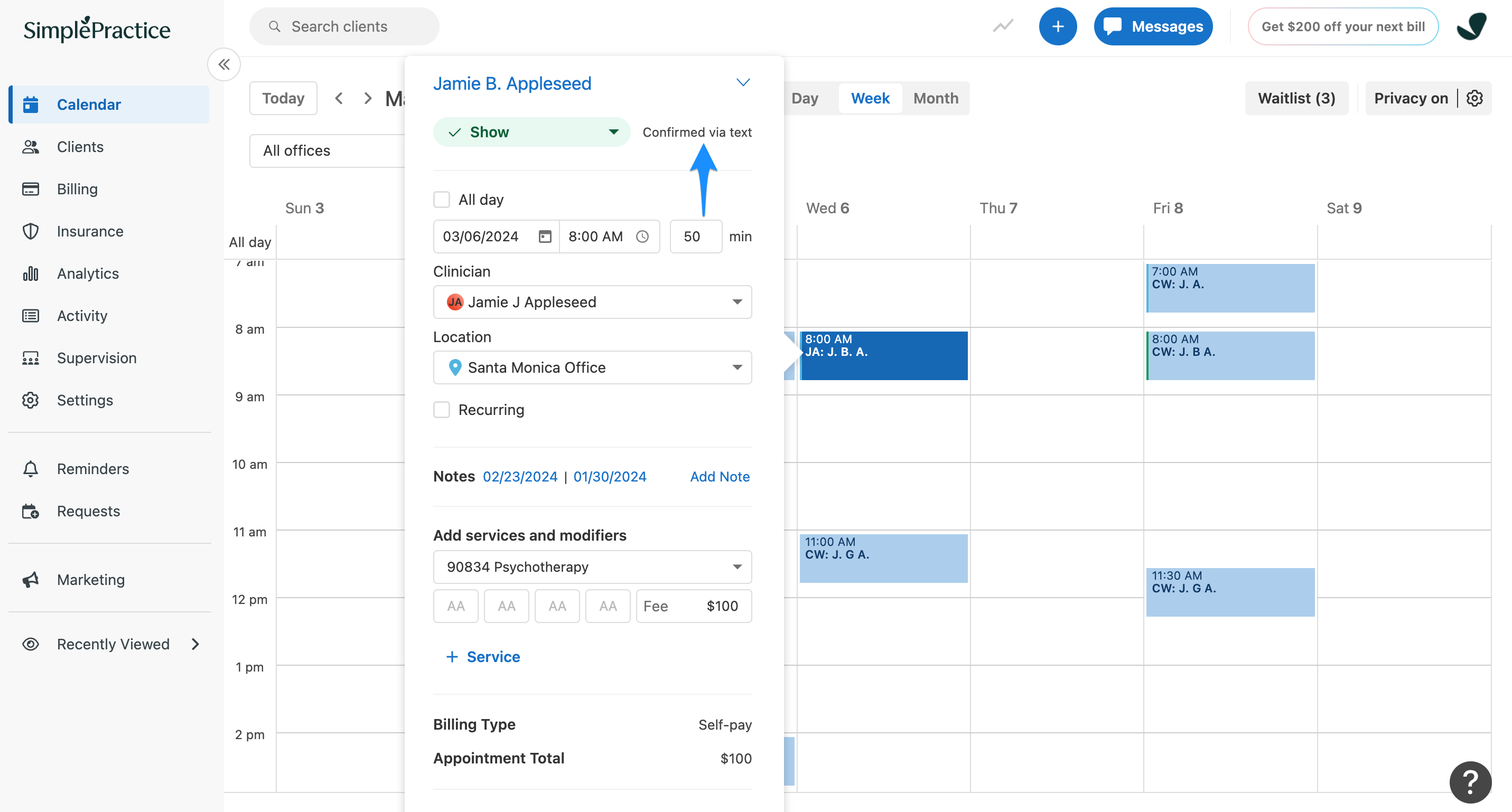 Appointment flyout showing Confirmed via text status