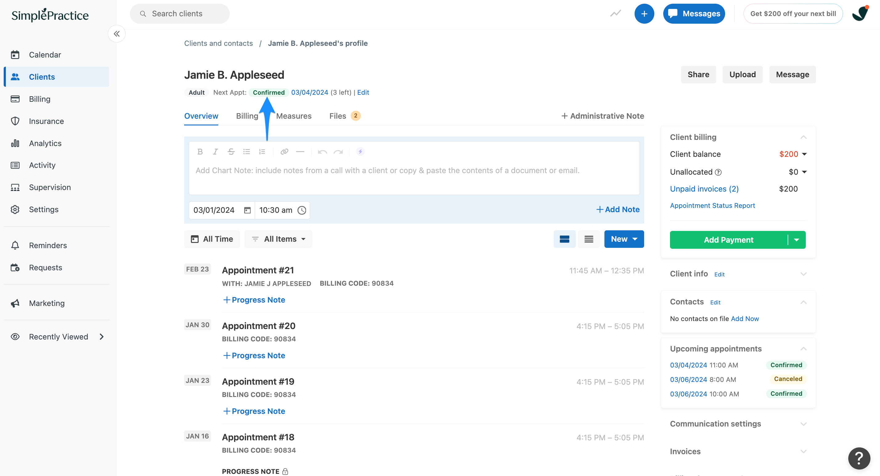 Client overview page showing Confirmed status