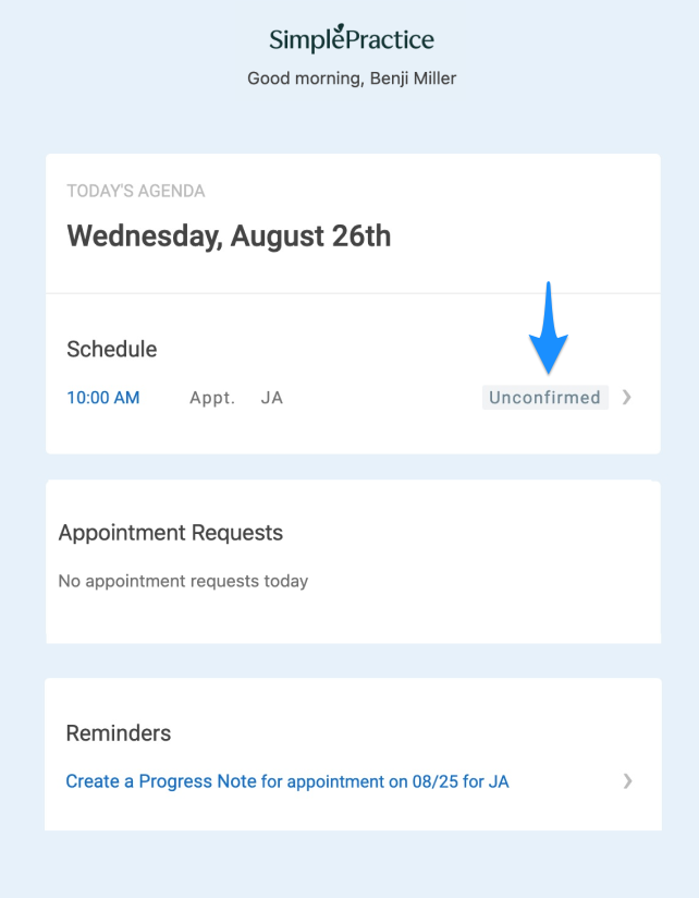 Daily agenda email showing unconfirmed status