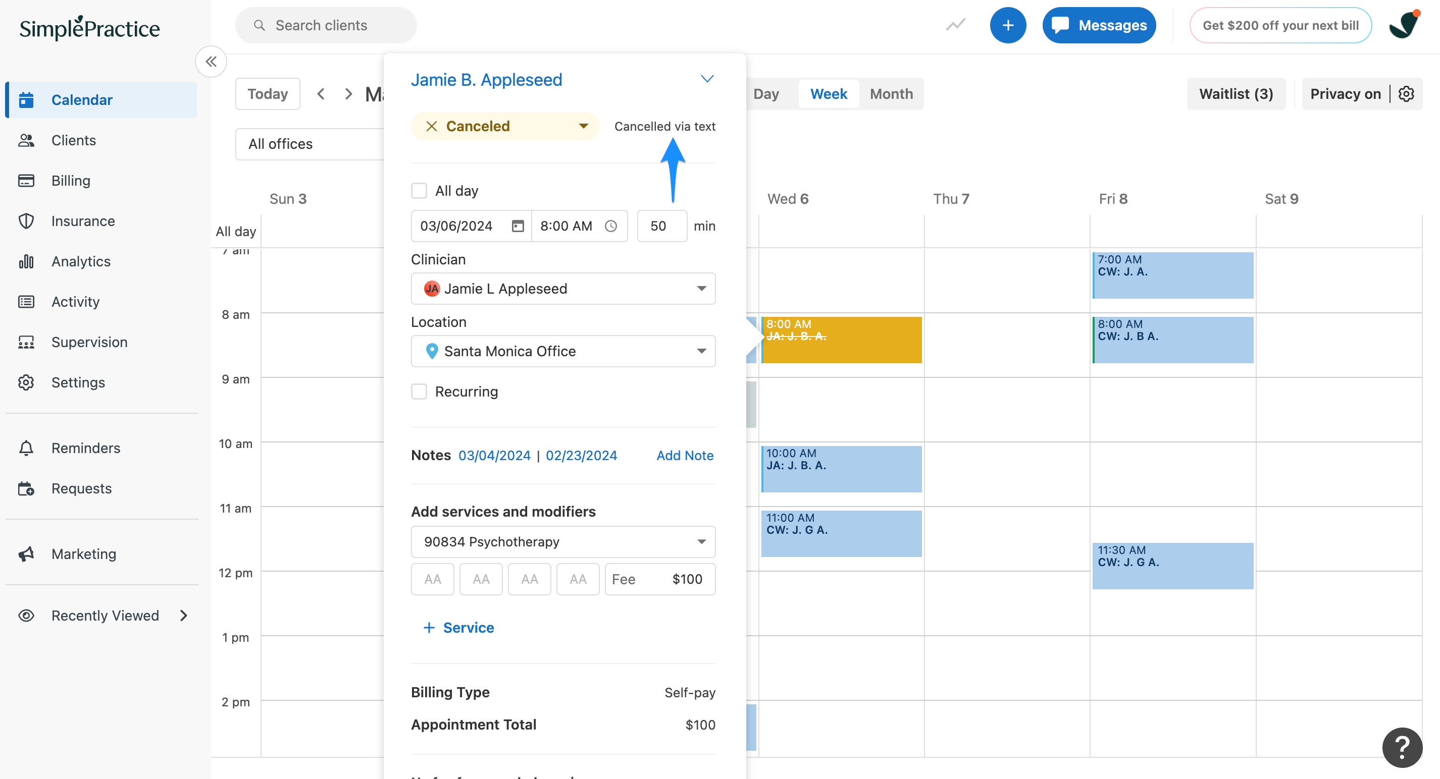 Appointment flyout showing Cancelled via text status