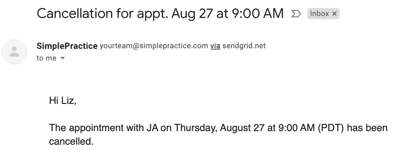 Email notification for appointment cancellation