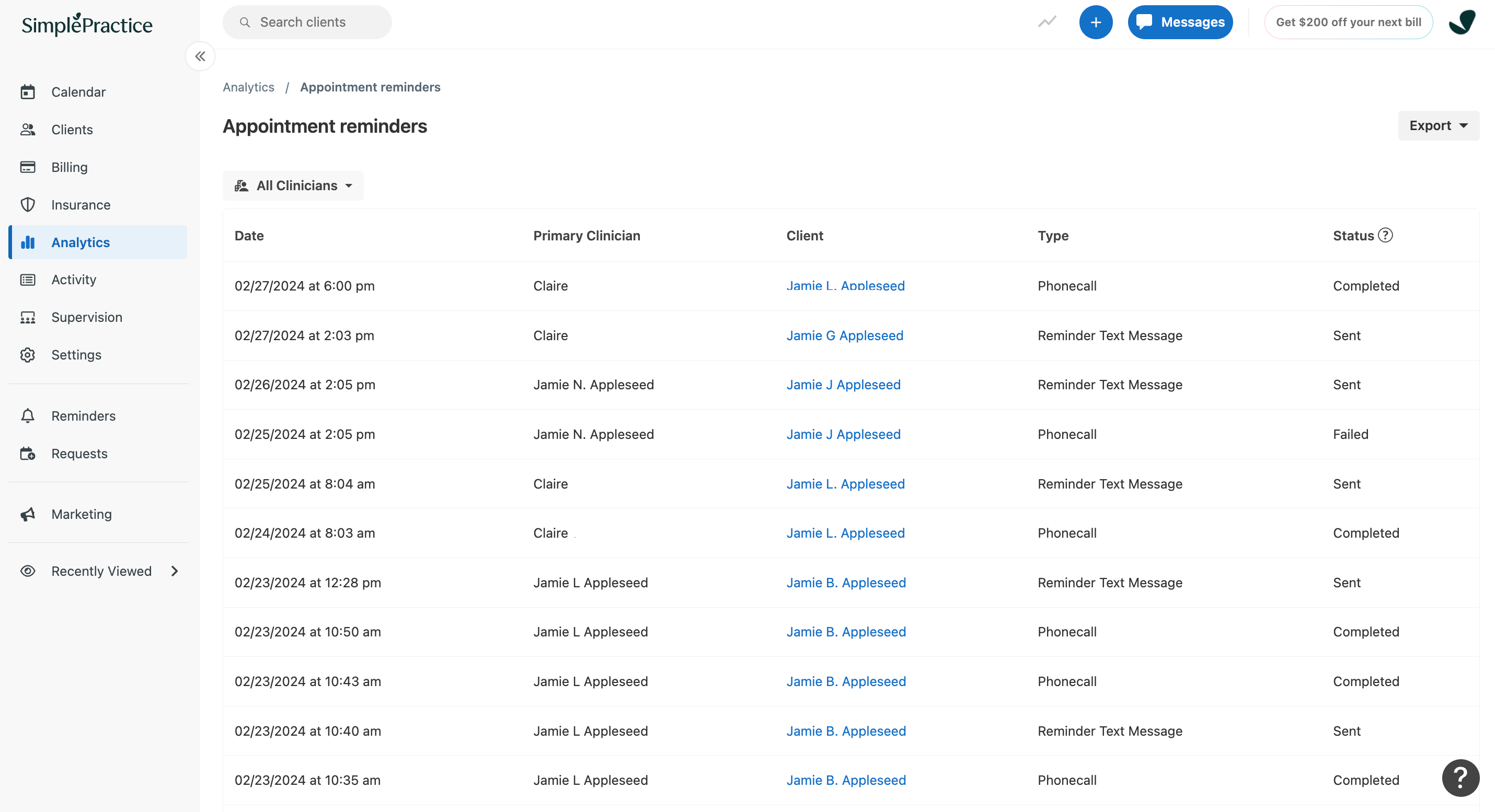 Appointment reminders report showing reminder details