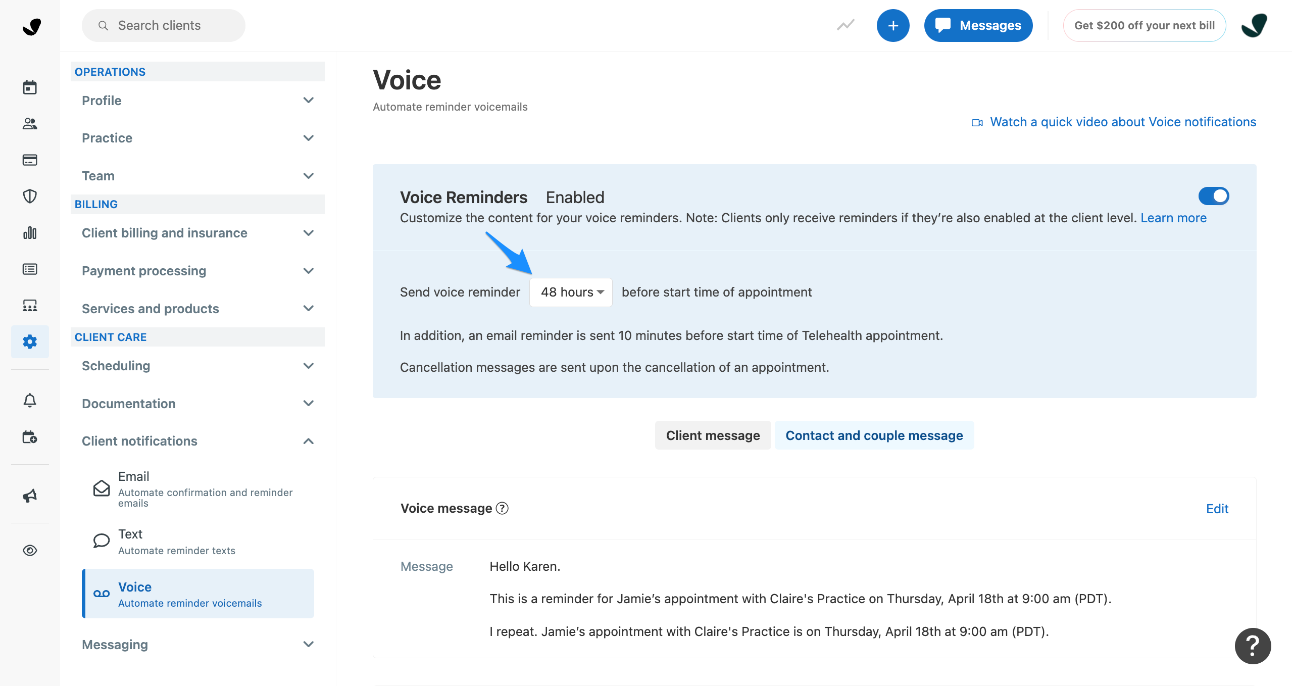 Voice reminder duration selection