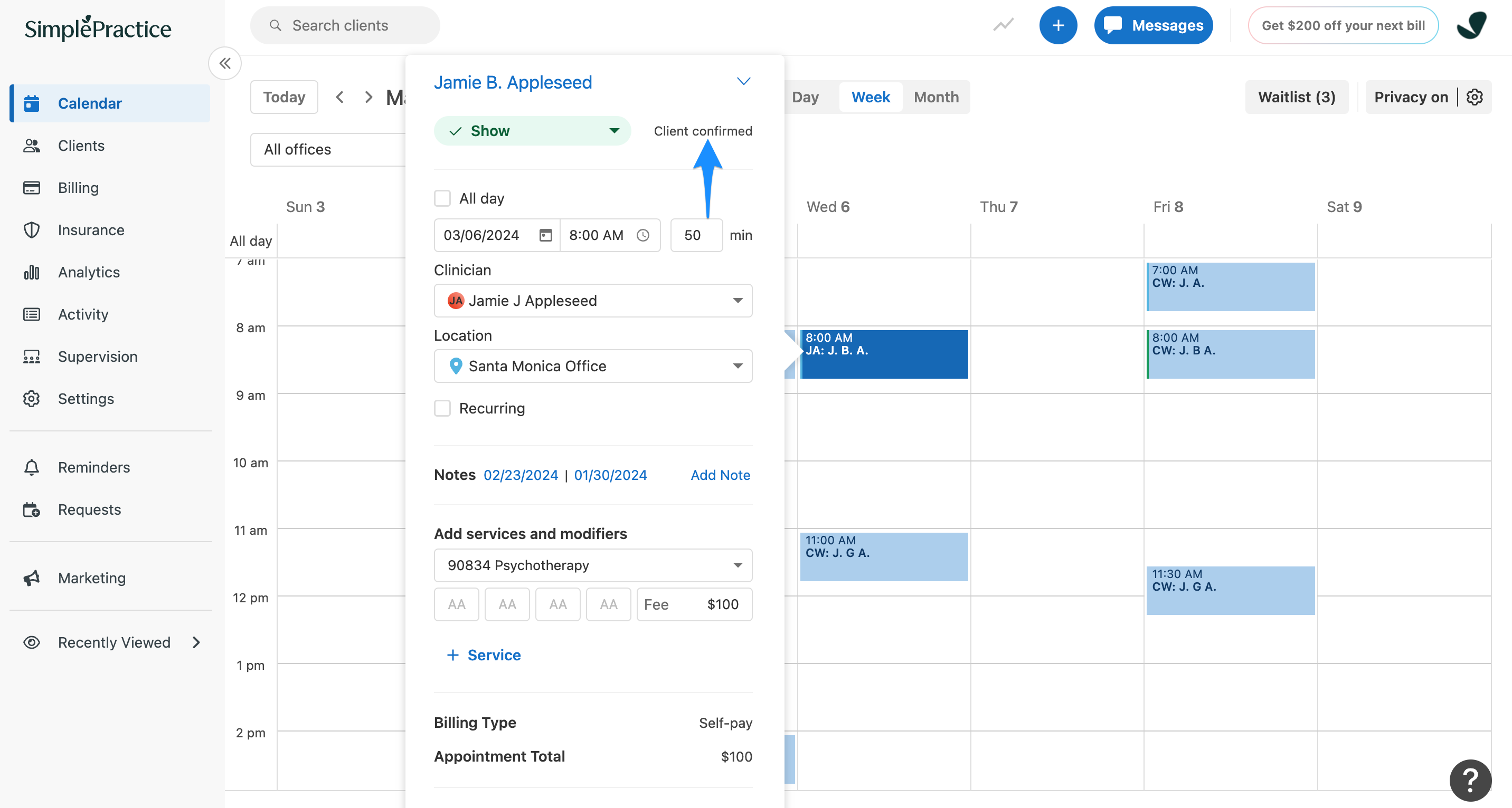 Appointment flyout showing Client confirmed status