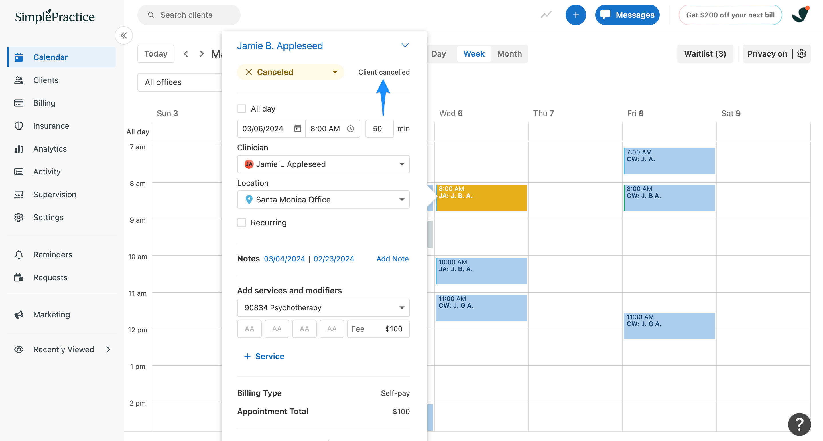 Appointment flyout showing Client cancelled status