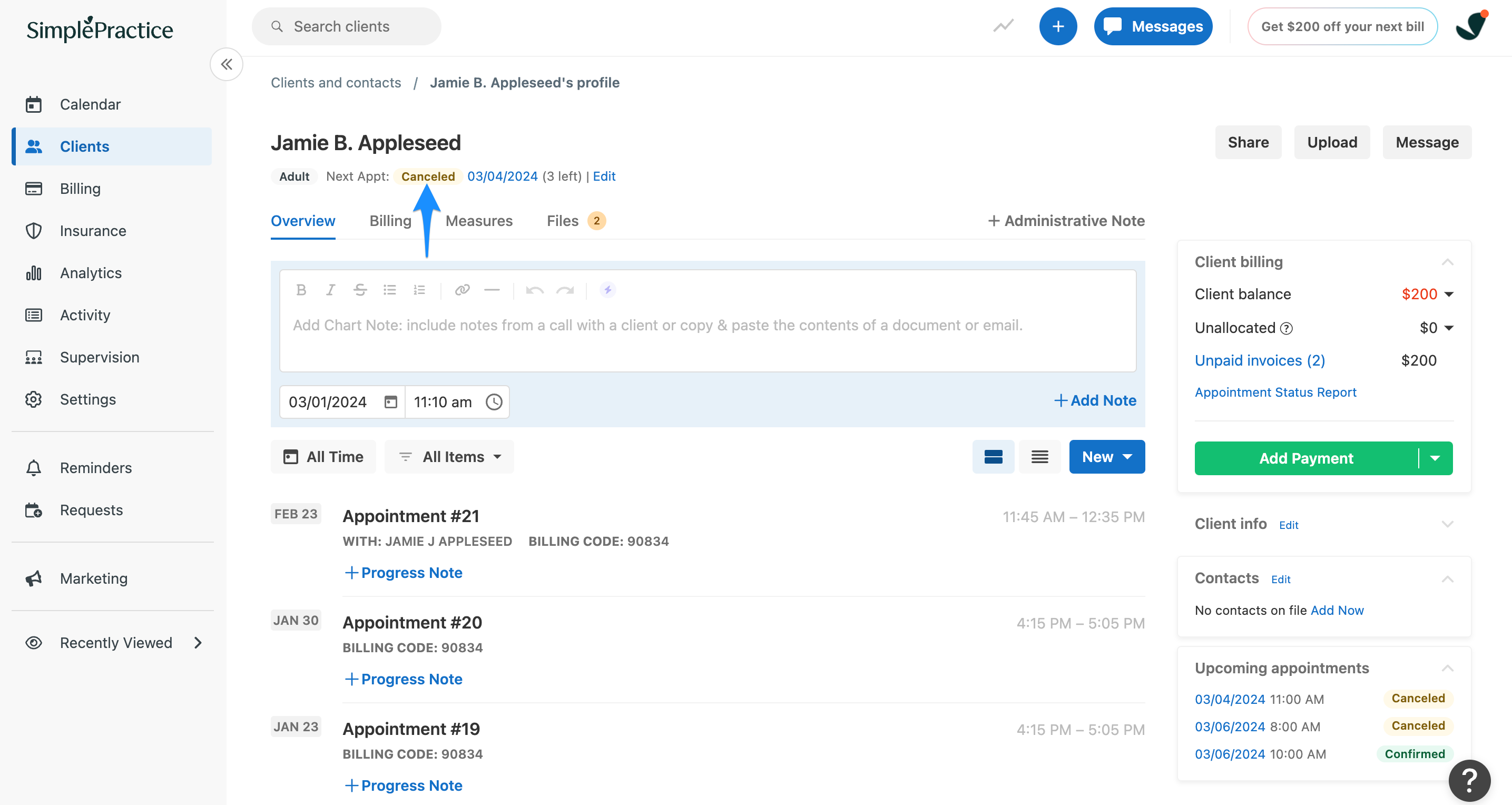 Client overview page showing Canceled status