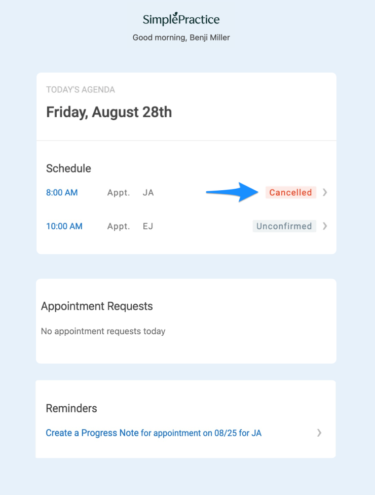 Daily agenda email showing cancelled status