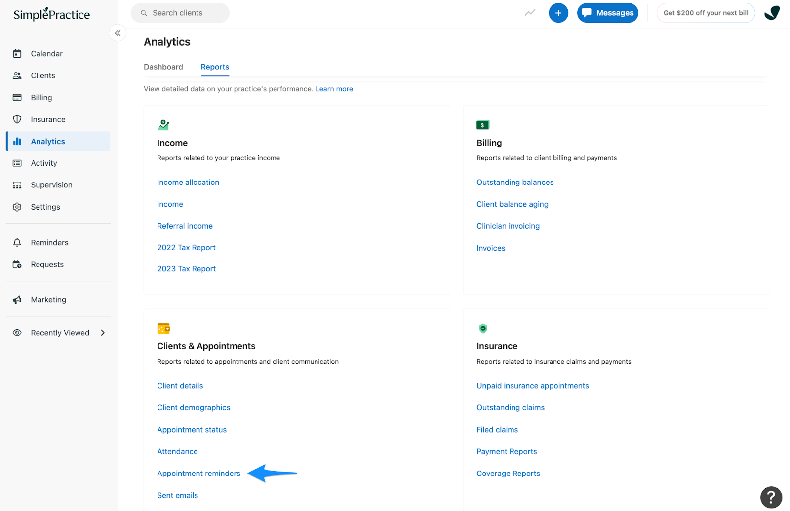 Navigation to Appointment reminders report