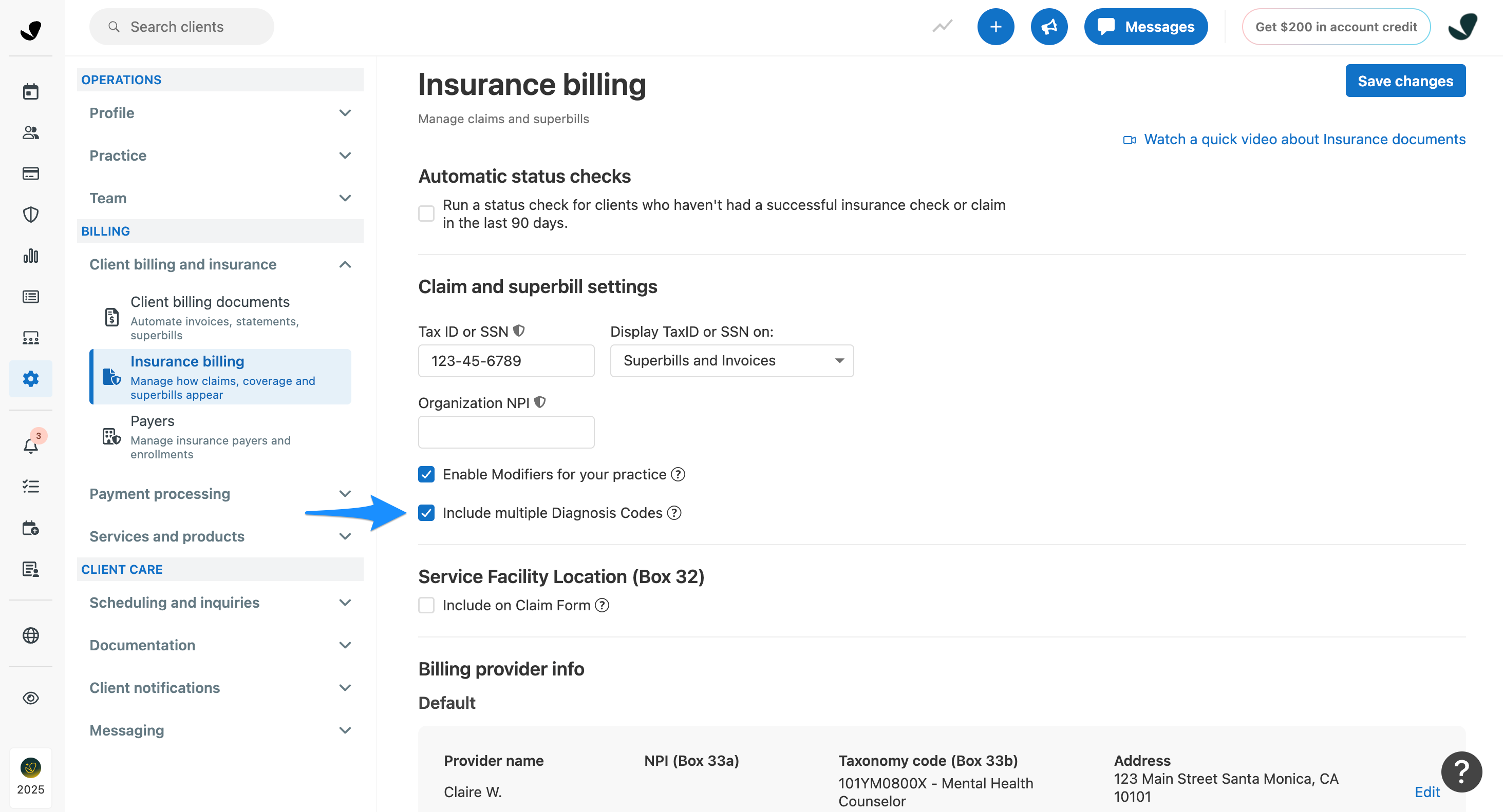 Insurance billing settings showing the Claims and superbill Settings section with Include multiple Diagnosis Codes selected