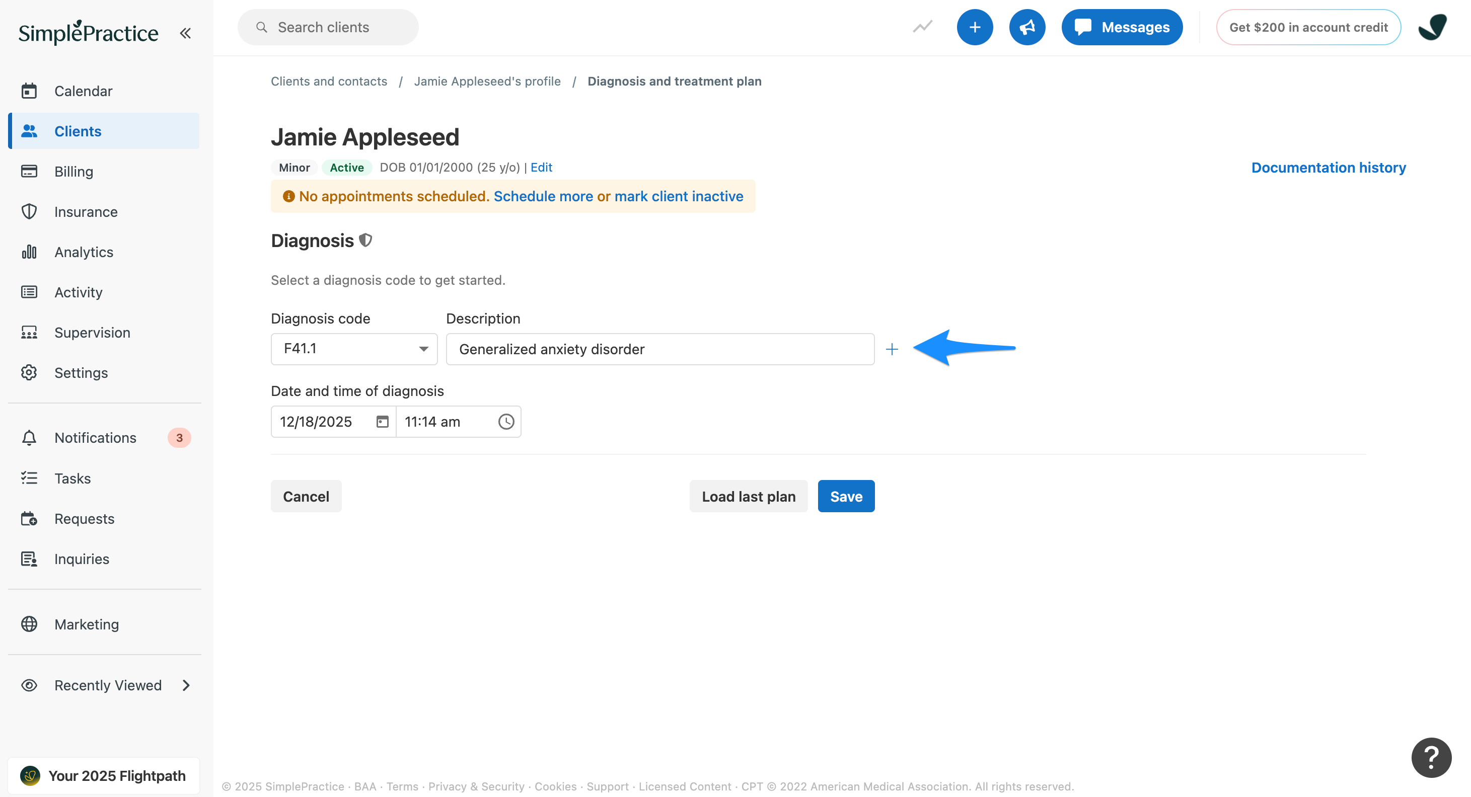 Diagnosis and treatment plan form showing a diagnosis code selected with the plus icon to add another code