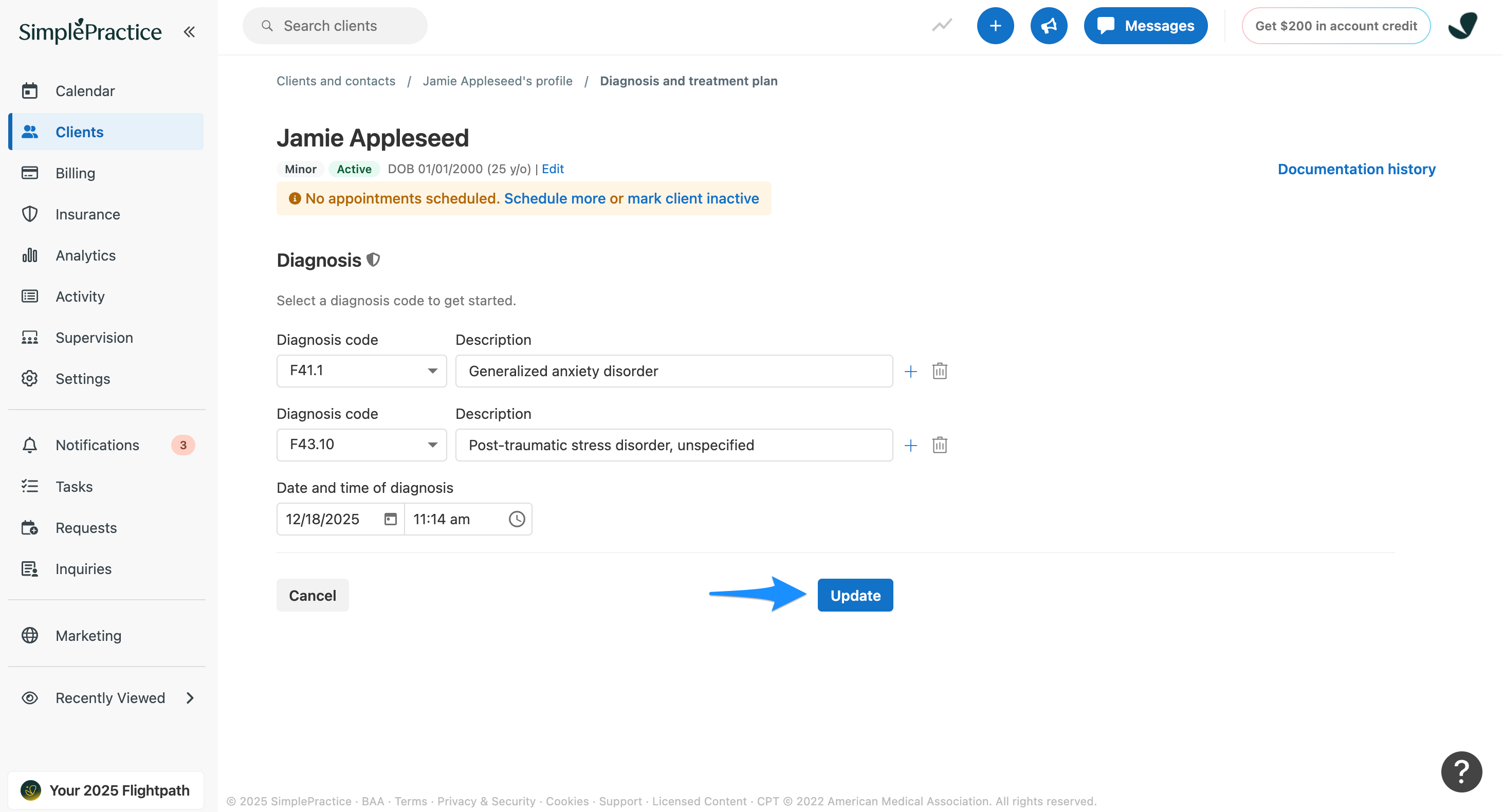 Edit diagnosis and treatment plan screen showing multiple diagnosis codes and the Update button
