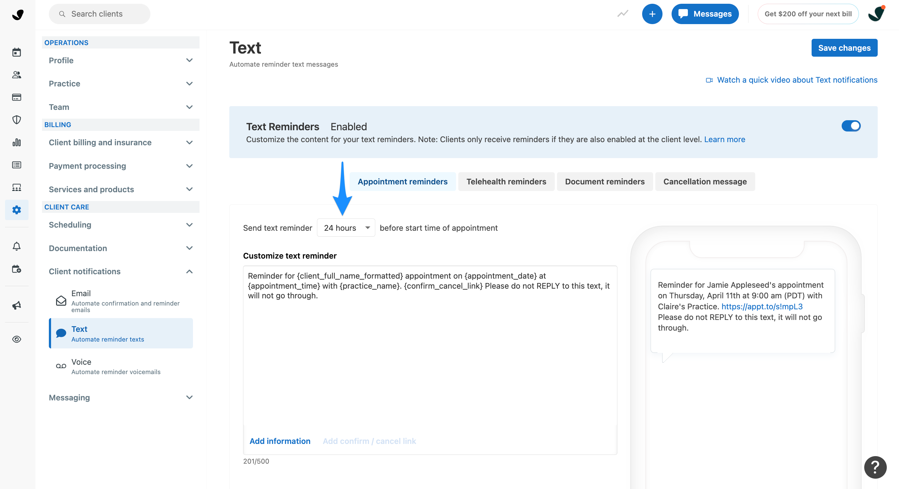 Dropdown menu selecting reminder timing