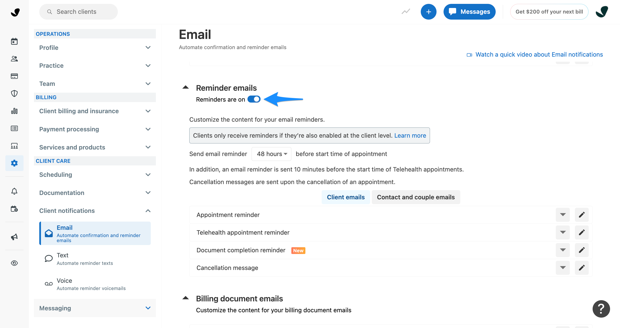Toggle switch enabled for reminder emails