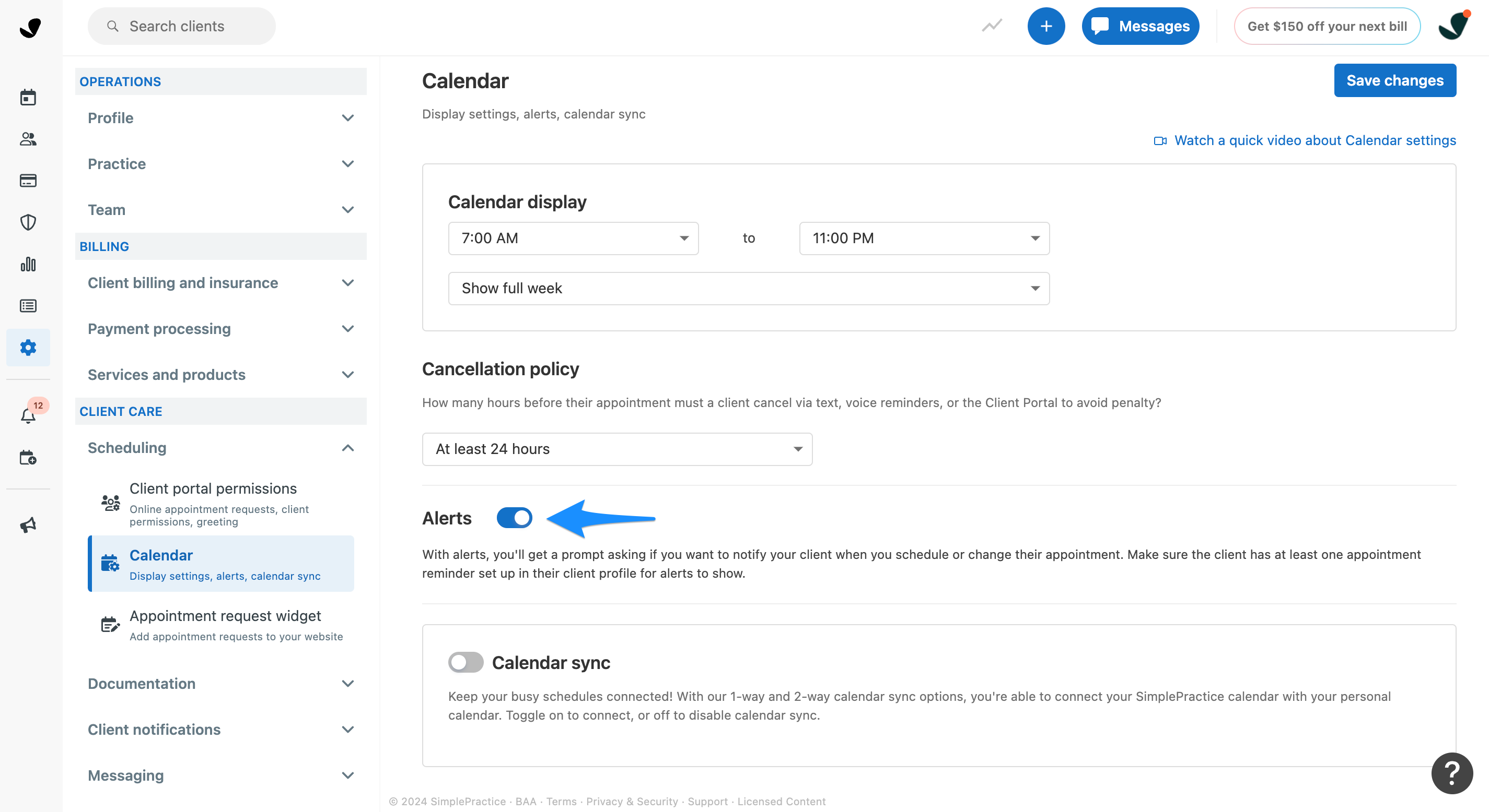Alerts toggle switched on in calendar settings