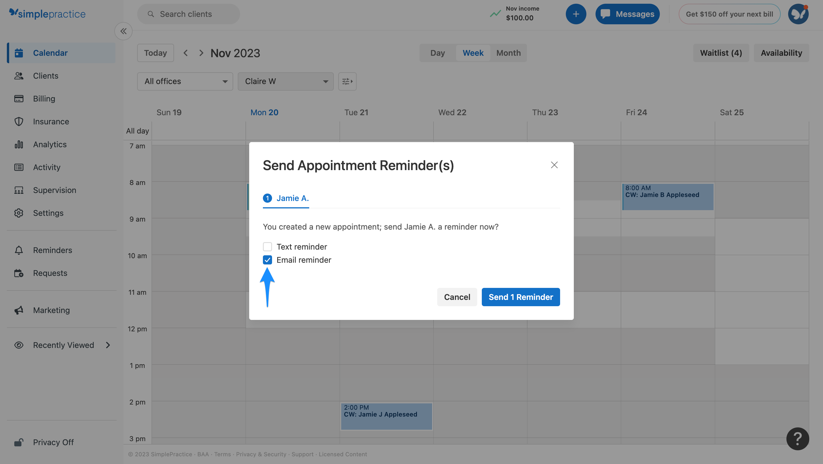 Pop-up window asking to send an appointment reminder