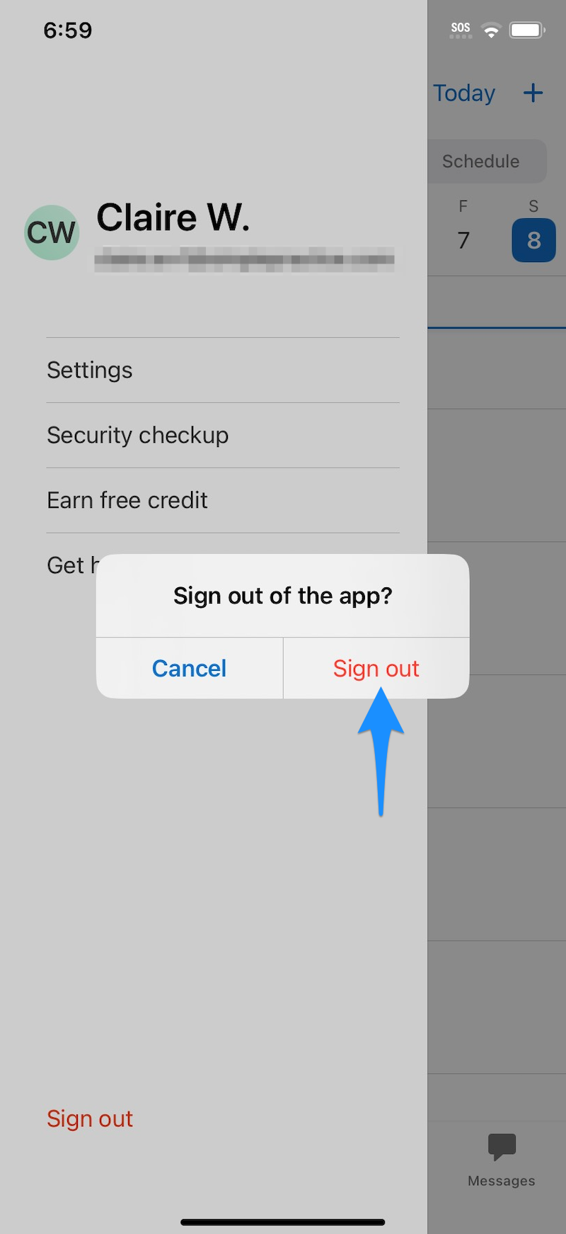 Confirmation prompt asking to sign out of the app