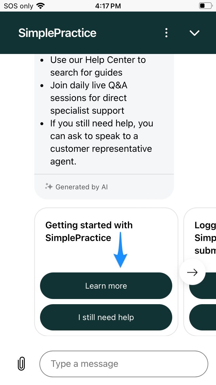 Help results screen showing Learn more on a guide card