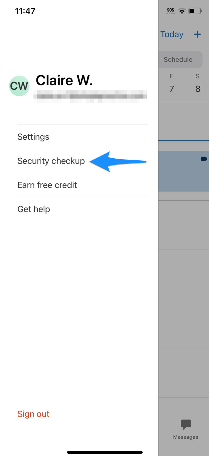 Profile menu showing the Security checkup option