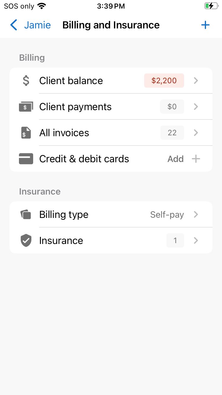 Billing and insurance screen showing Billing and Insurance sections in the mobile app