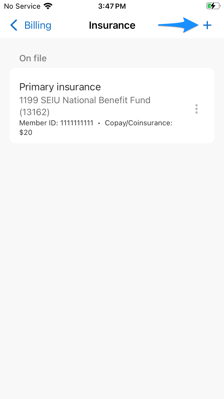Insurance section showing the plus (+) button to add insurance in the mobile app