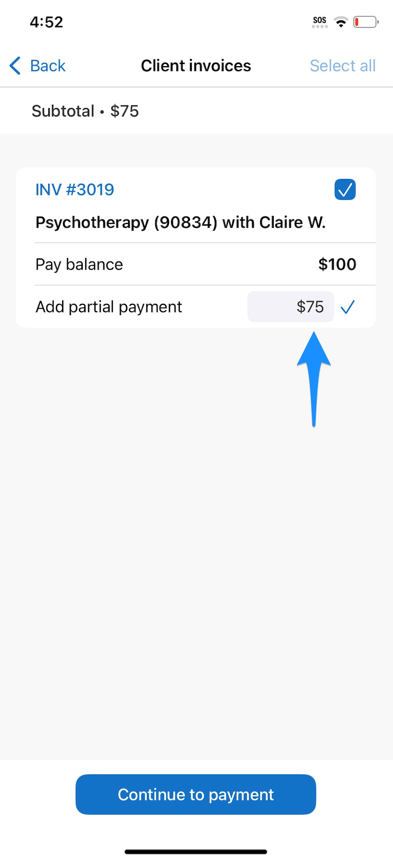 Invoice selection screen showing Add partial payment under an invoice in the mobile app