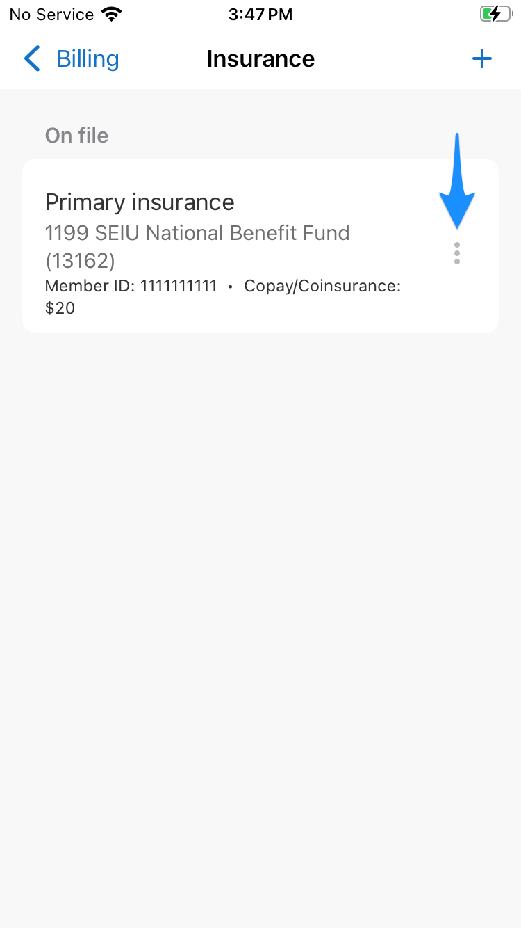 Insurance details showing the three dots menu for additional options in the mobile app
