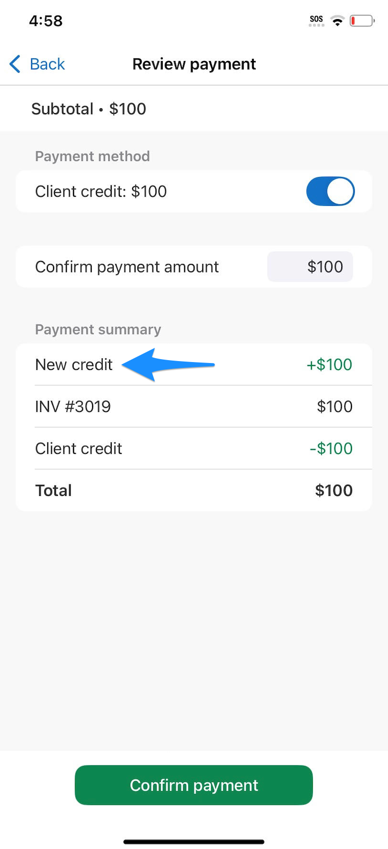 Review payment screen showing New credit when the payment exceeds the invoiced amount
