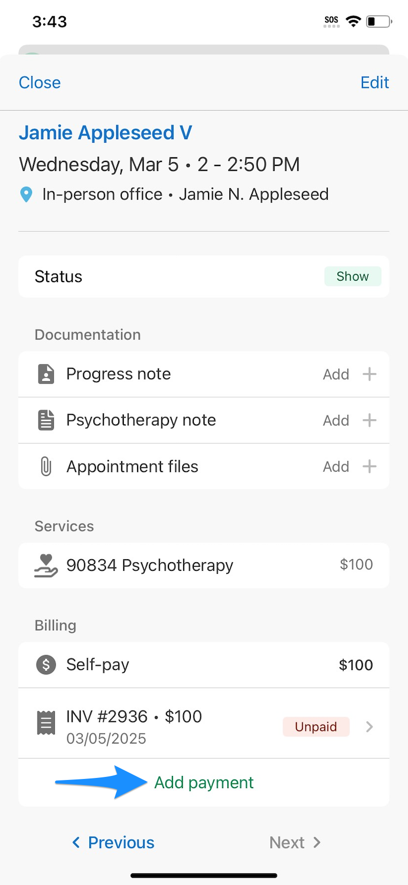 Appointment details screen showing Create Invoice and add payment and Add payment options in the mobile app