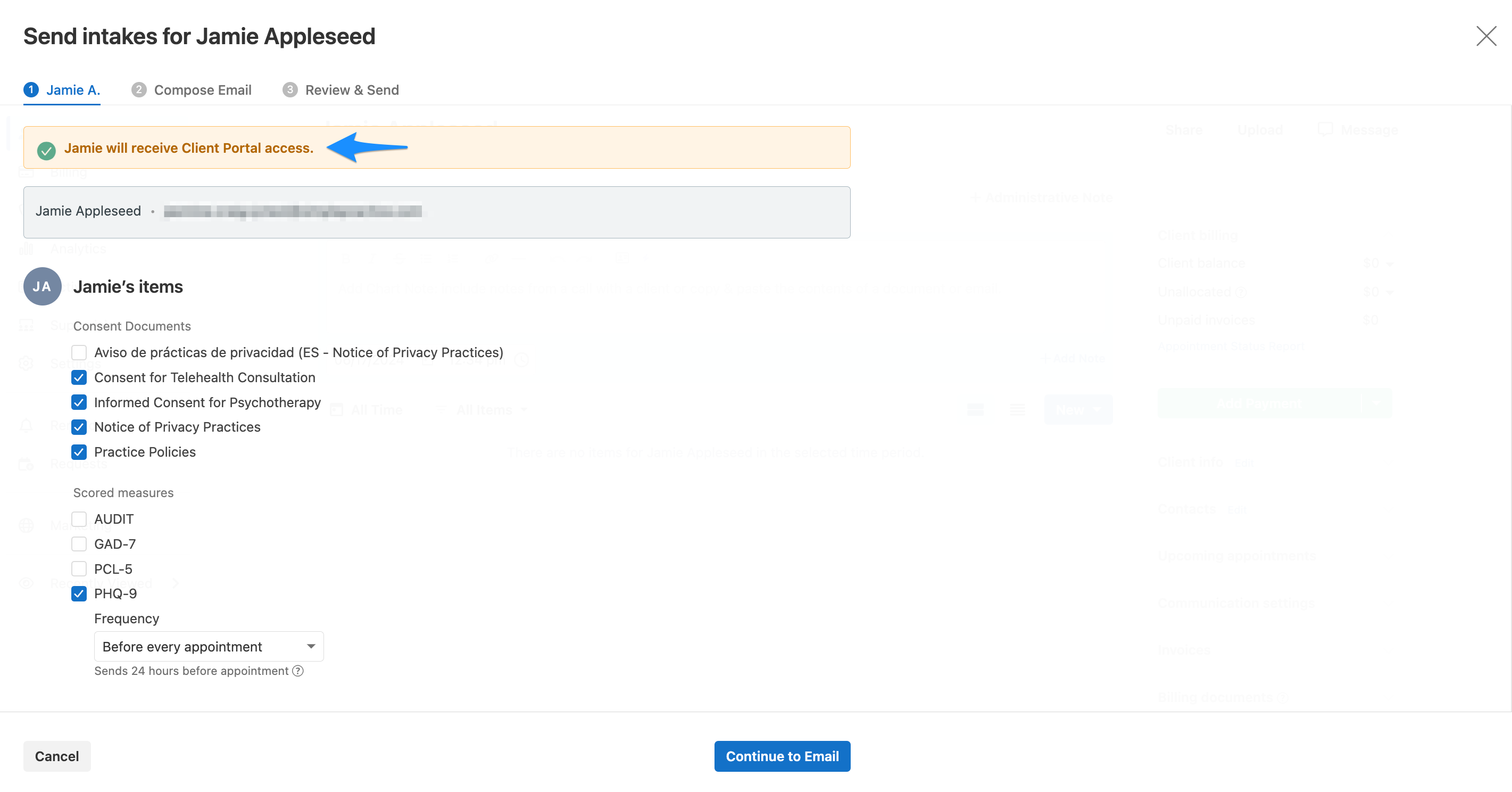 Banner at the top of the screen indicating the client will also receive Client Portal access when sharing documents