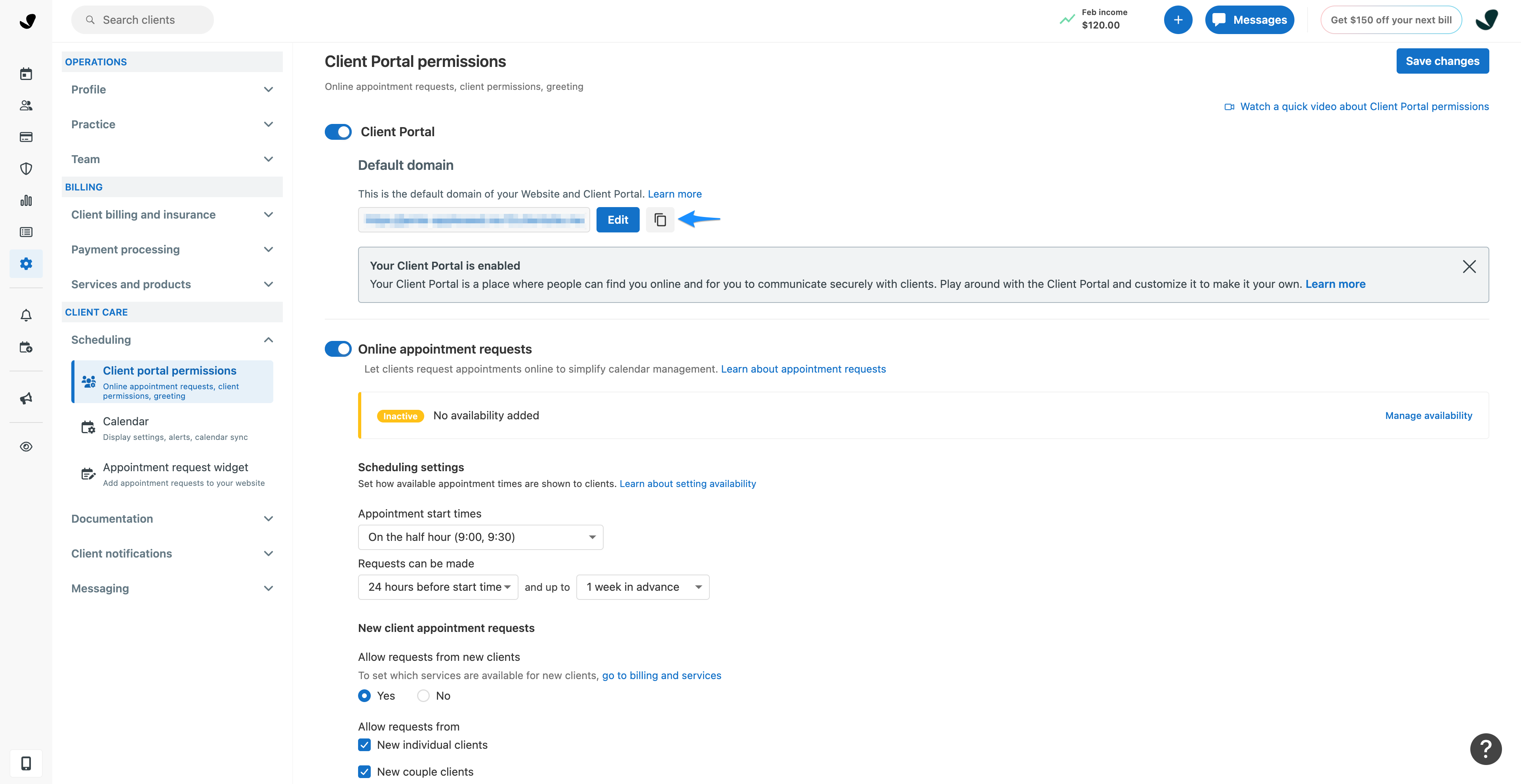 Client portal permissions page showing the Client Portal URL and copy link icon