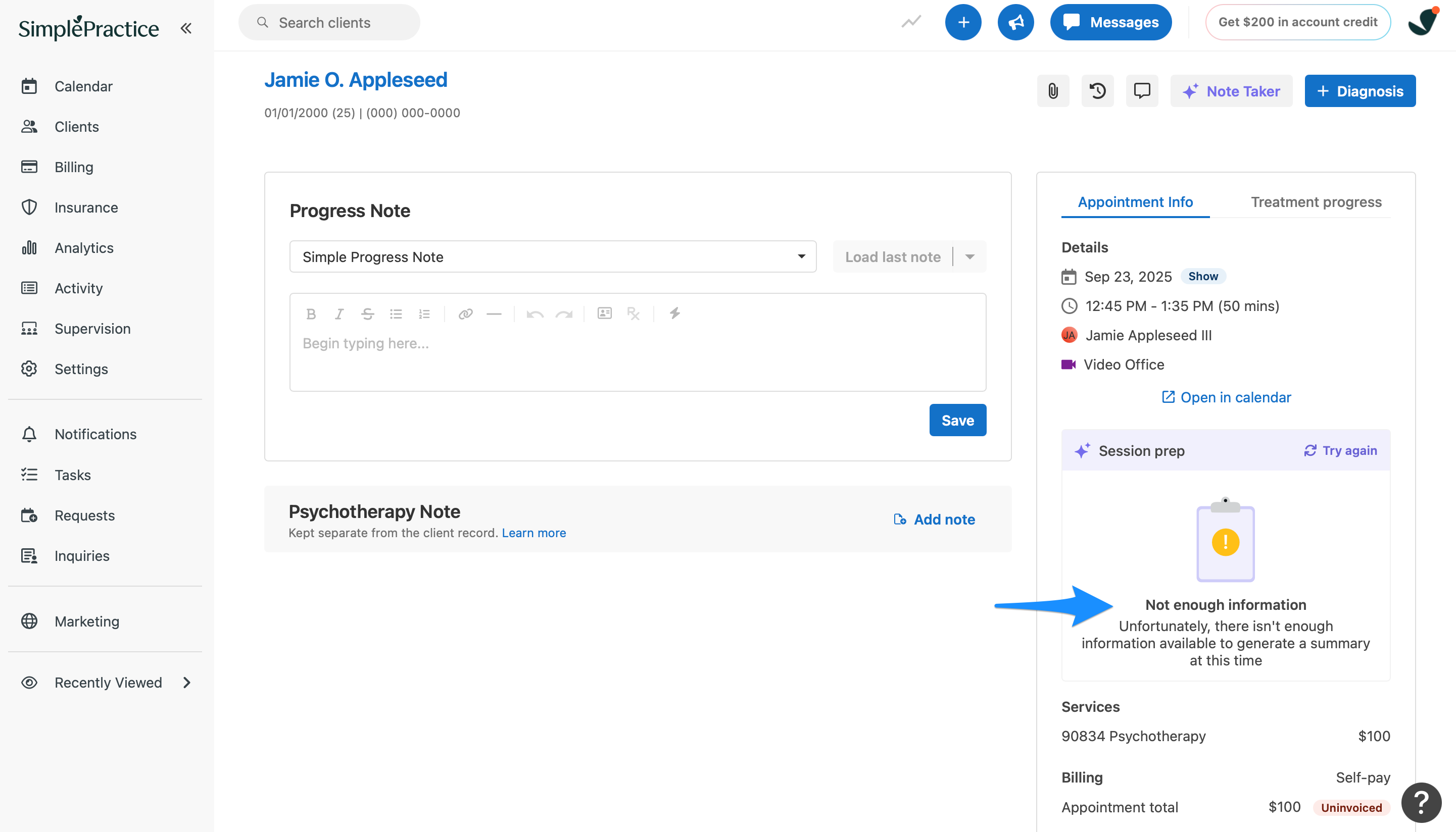 Appointment page showing a message indicating there is not enough information to generate a pre-session summary