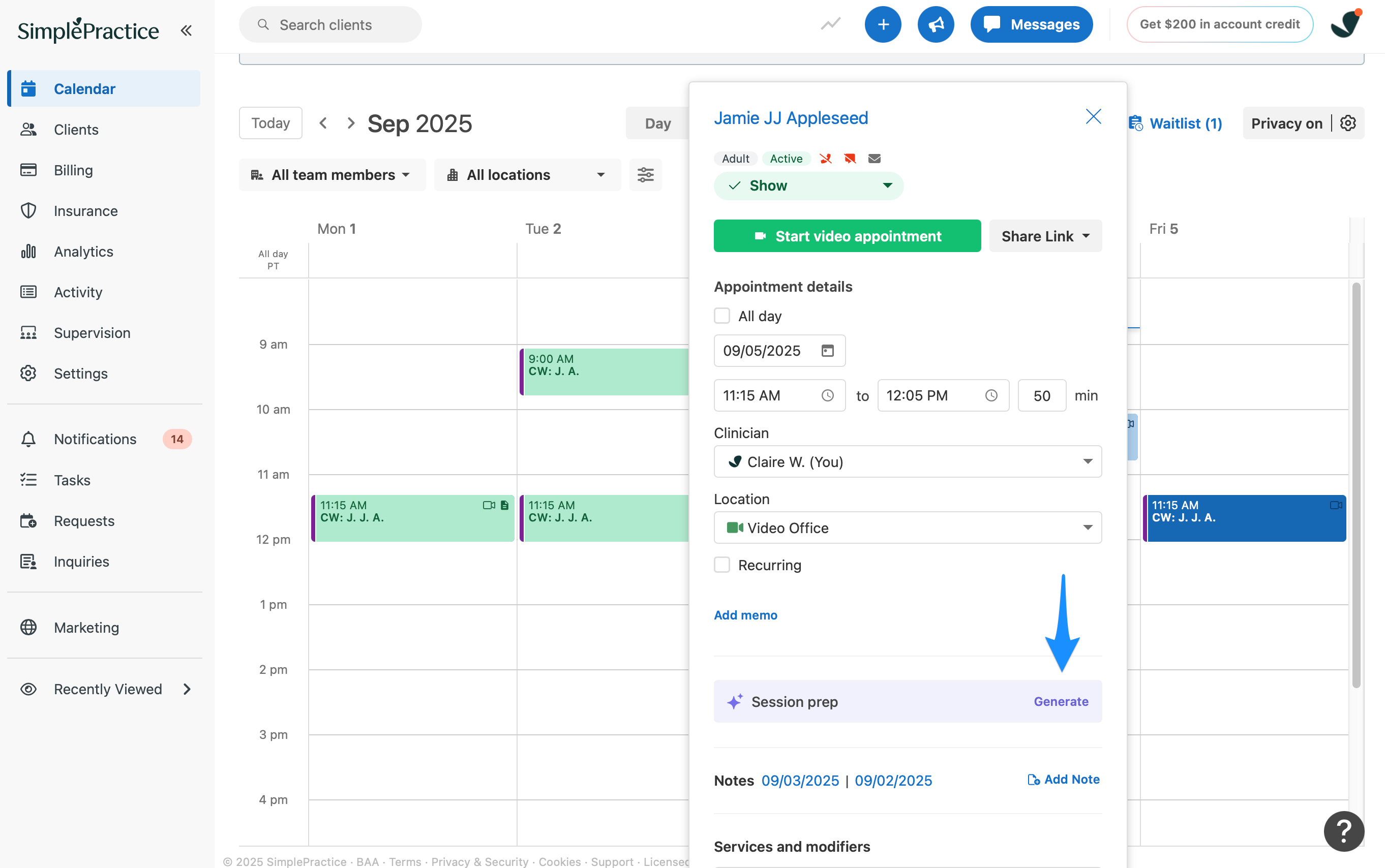 Calendar view showing an upcoming appointment with the Session prep section and Generate button visible