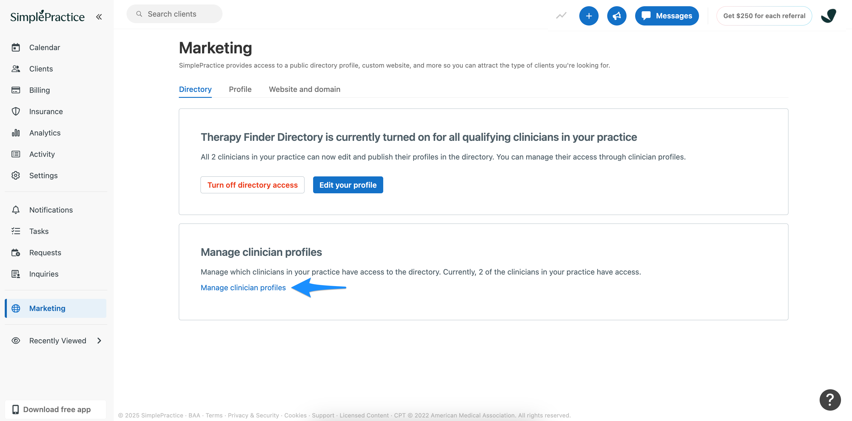 The Directory page showing the Manage clinician profiles option