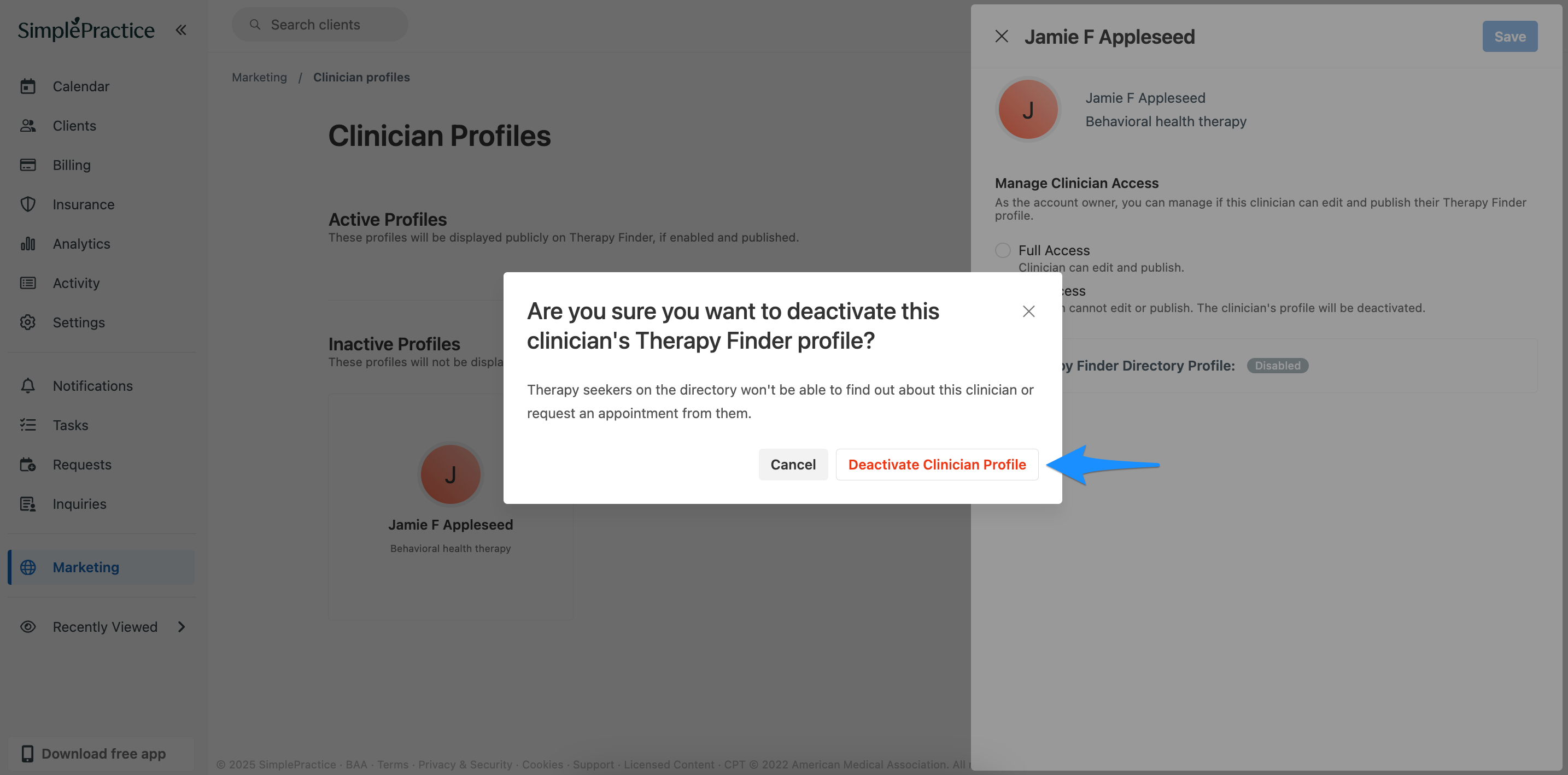 The Manage clinician profile modal showing Full Access and No Access options and a Deactivate Clinician Profile prompt