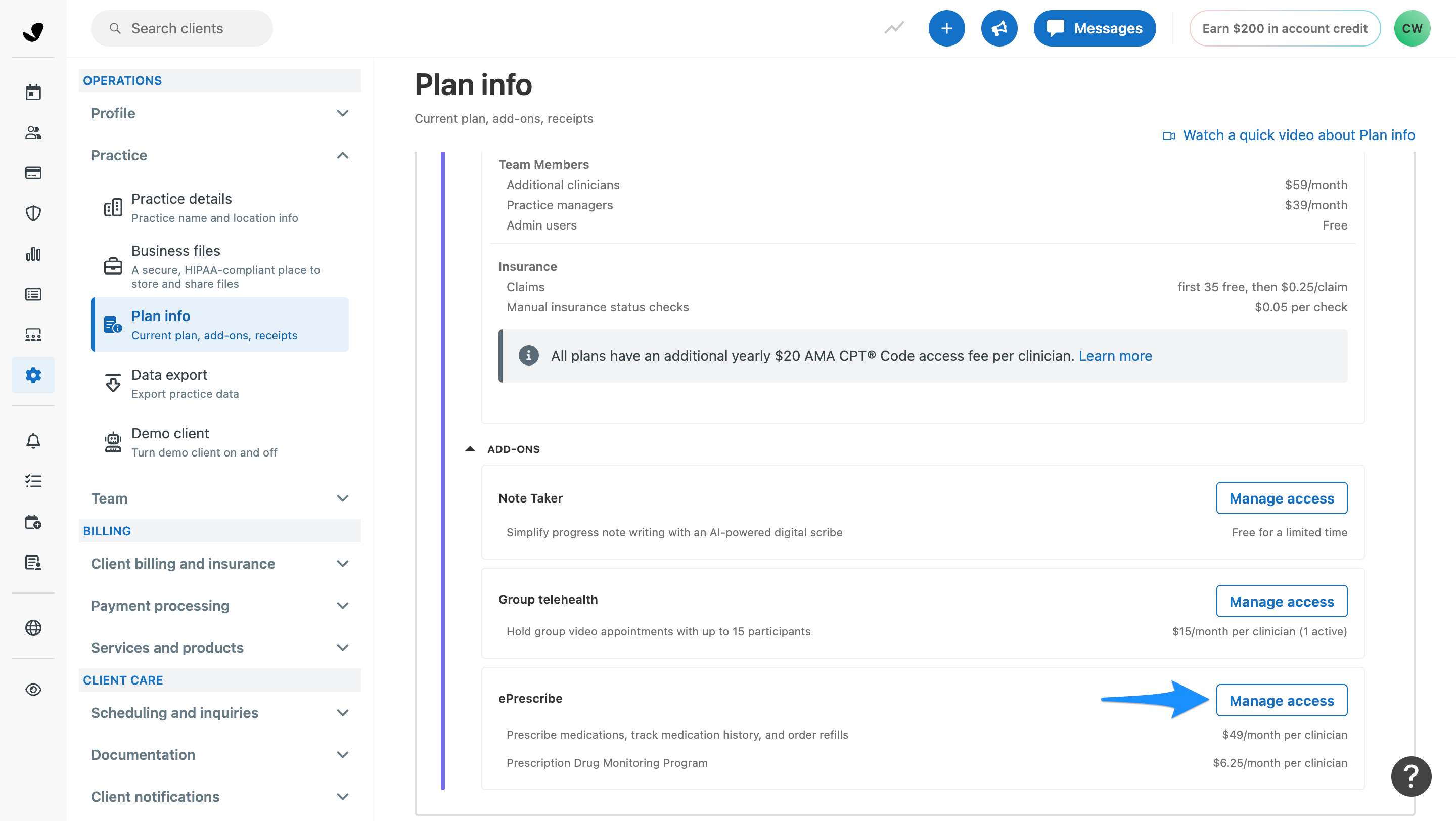 Manage access screen under Plan info showing ePrescribe options